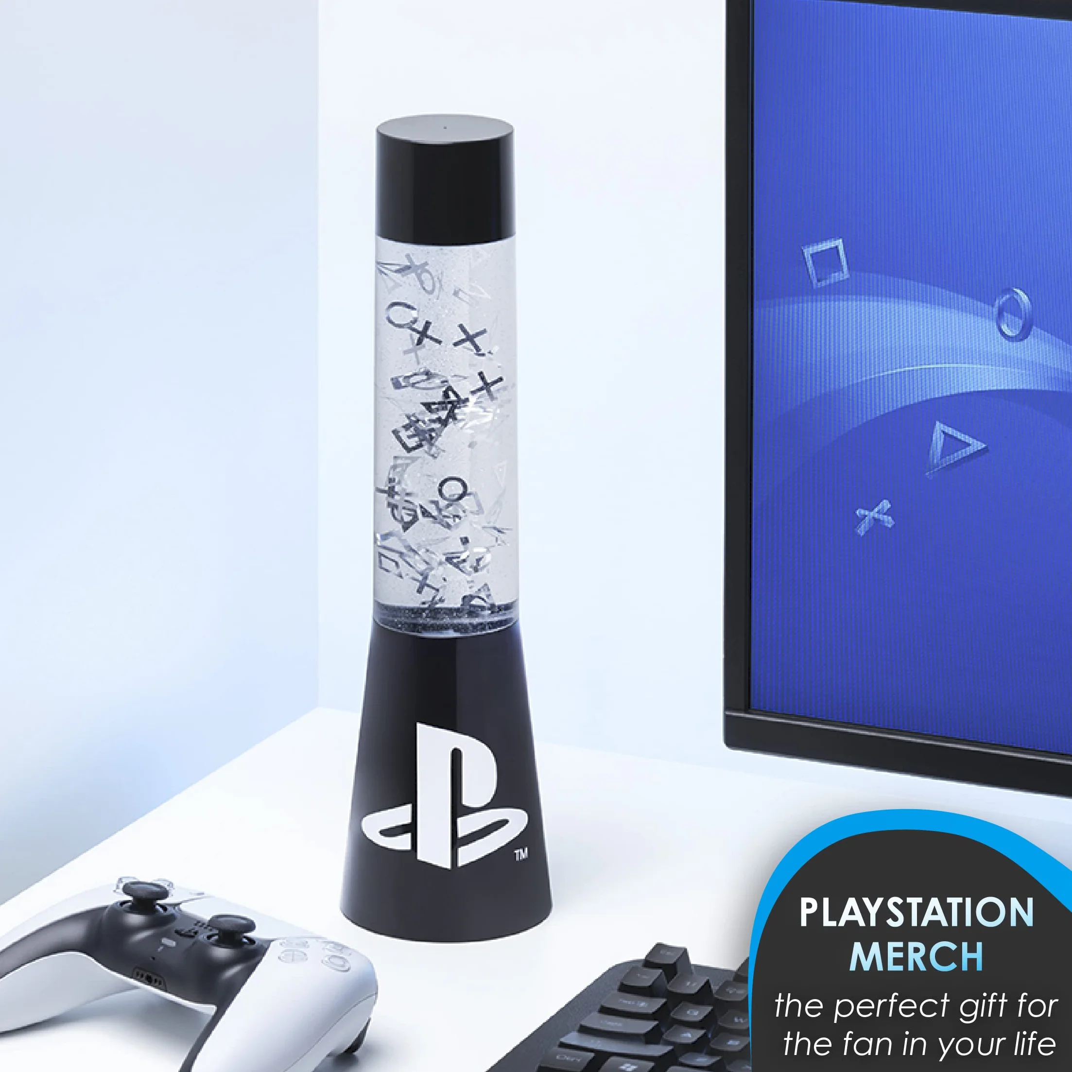 Paladone Sony PlayStation Glitter Liquid Mood Light z pływającymi kontrolerami i ikonami, oficjalnie licencjonowany produkt Sony PlayStation | PS5 | lampa lawowa | lampa biurkowa | lampka nocna |