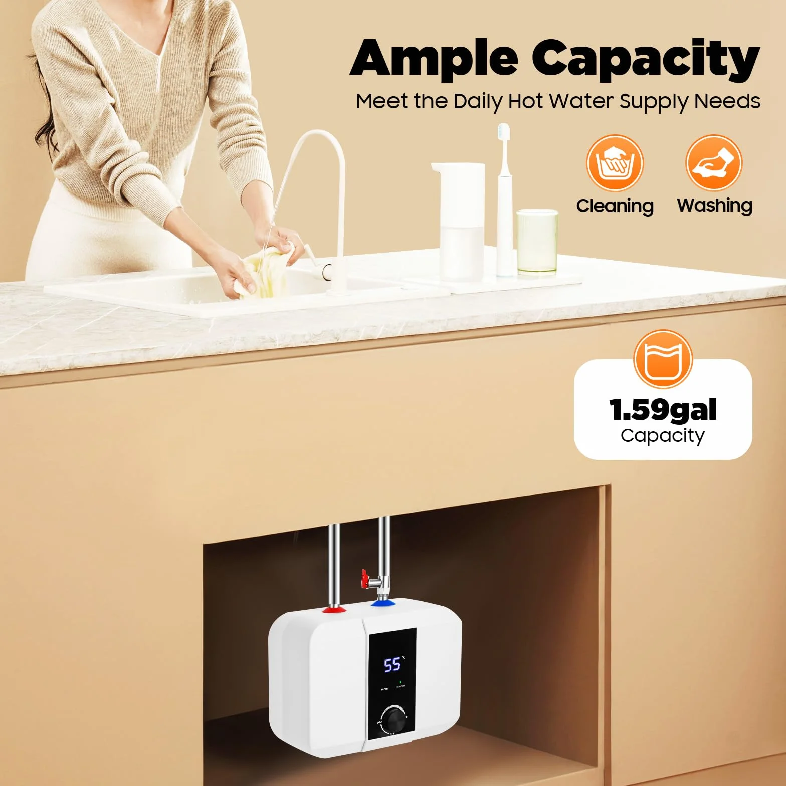 Podszafkowy bojler 6 l, mini podgrzewacz wody 1500 W, 220 V, zbiornik ciepłej wody, 0-65°C, cyfrowy wyświetlacz LED, elektryczny podgrzewacz wody, idealny do zlewozmywaków kuchennych, łazienki