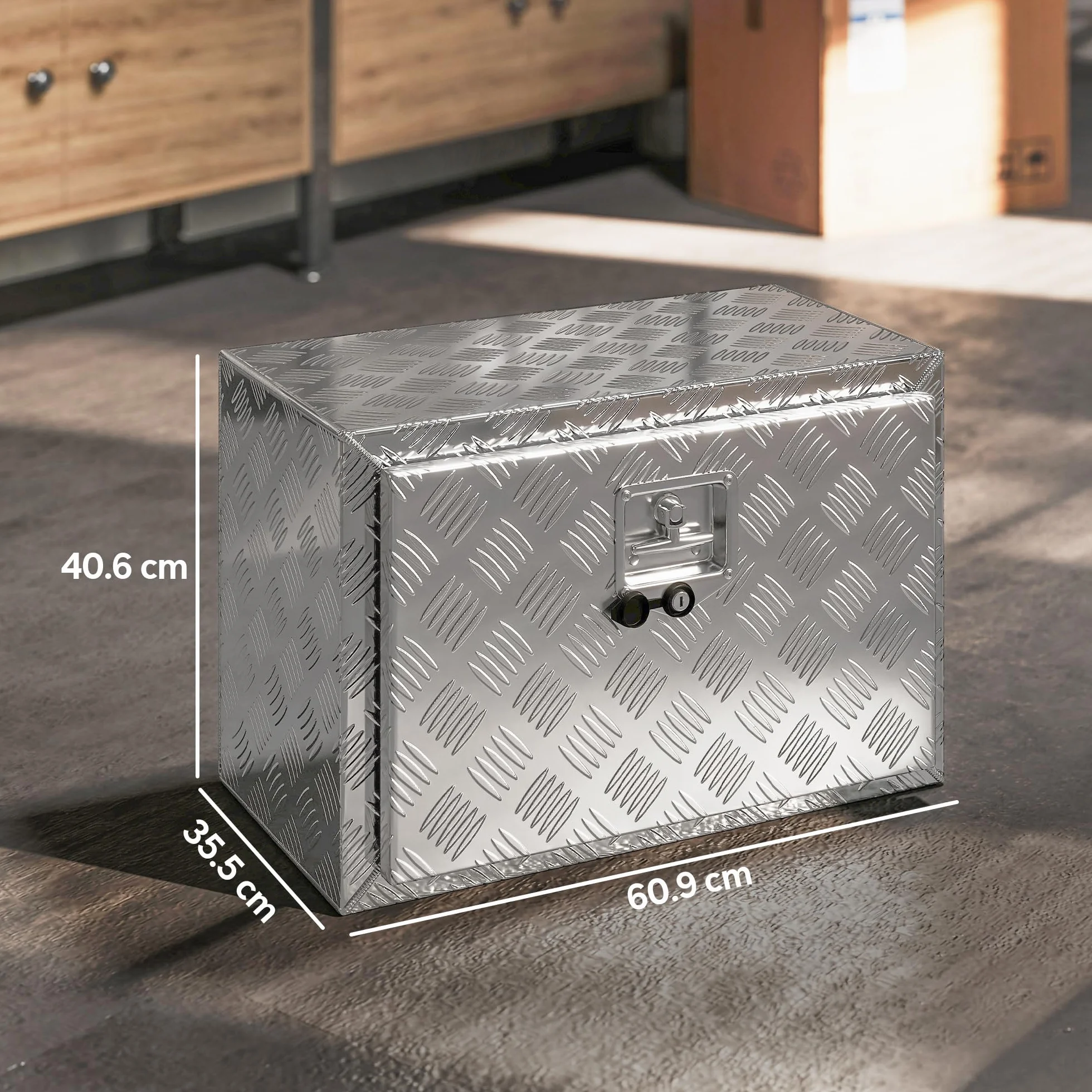 HOMCOM Aluminiowa skrzynka narzędziowa do ciężarówki, 60 x 35,5 x 40 cm, 76 l, diamentowa tekstura, zamek i klucze, składana pokrywa, do przyczepy, przyczepy kempingowej, srebrna