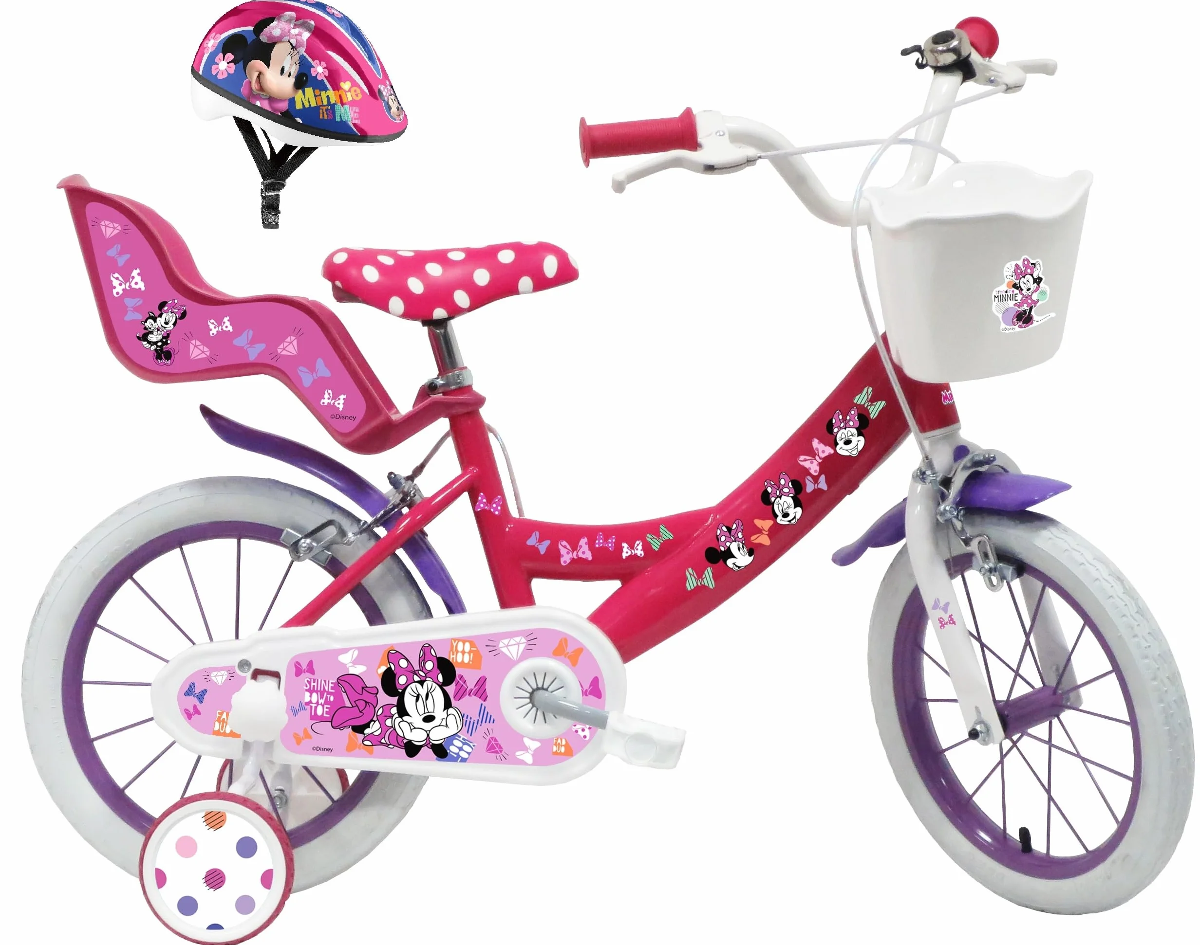 Rower dziecięcy 14'' Minnie/Disney wyposażony w 2 hamulce, tylny uchwyt na lalkę, przedni kosz i kask w zestawie!