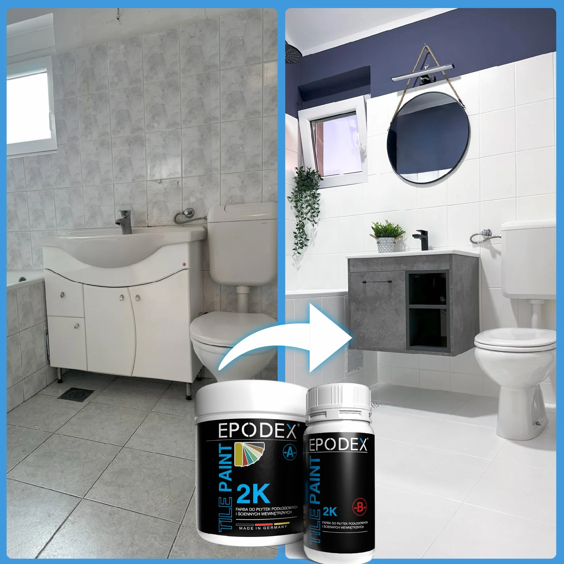 EPODEX Lakier do płytek 2K – Farba epoksydowa na ściany i podłogi do łazienki i kuchni – Biały, szary, beż i inne kolory - 1,8 kg (7 m² dla 2 warstw)