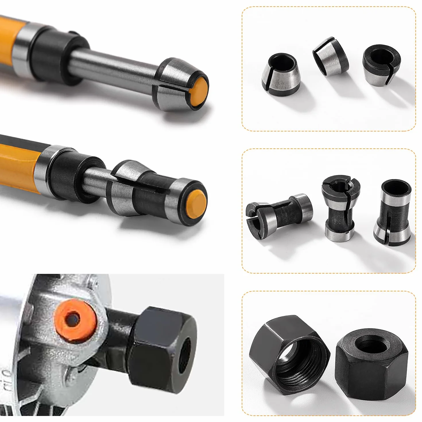 VooGenzek 6 Sztuk 6mm / 6.35mm / 8mm Uchwyt Zaciskowy do Frezarki, Adapter Tulei Zaciskowej Frezu z 2 Sztuk Nakrętki Zaciskowej, do Obróbki Drewna, Grawerowania