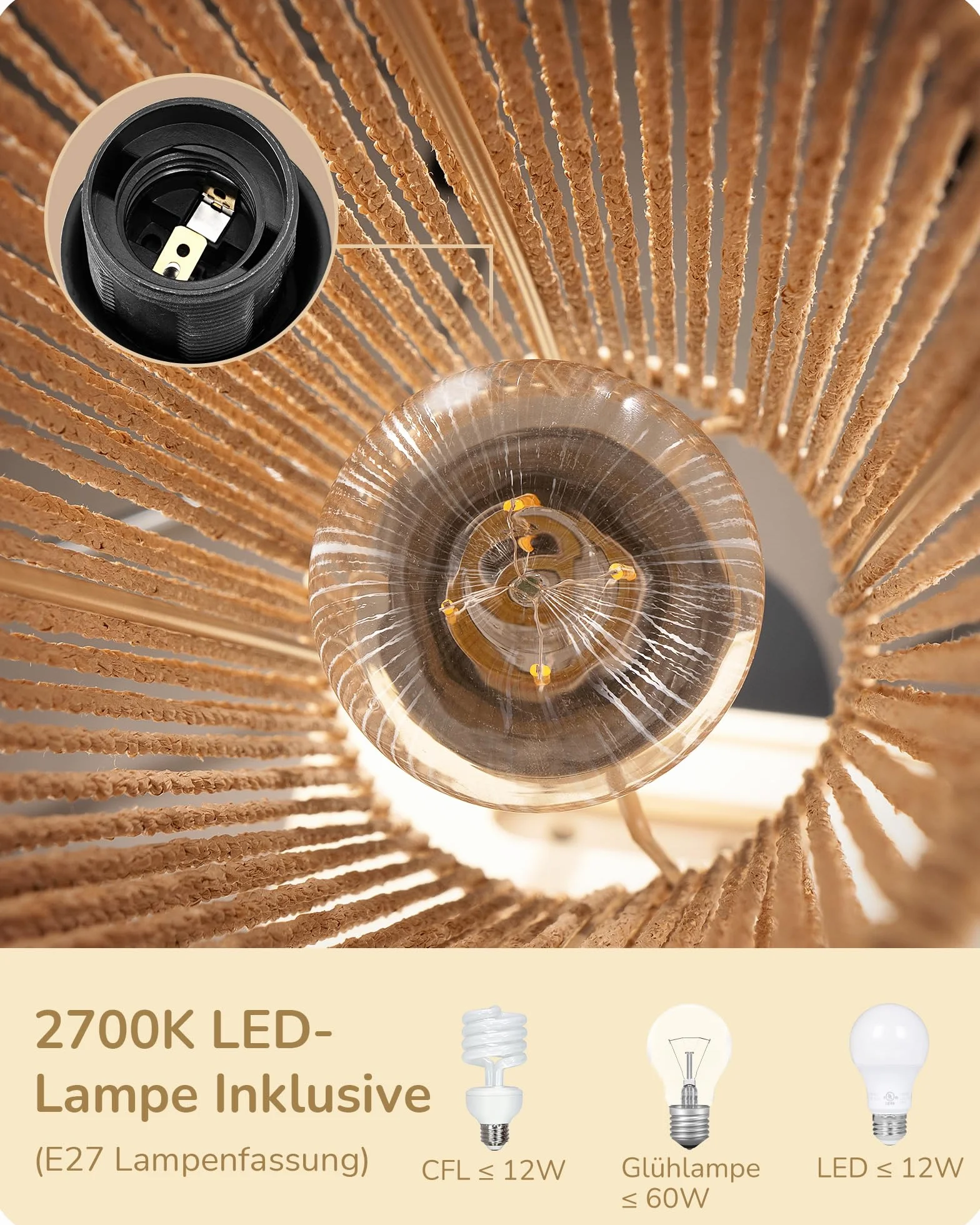 EDISHINE Lampa stojąca LED do salonu, lampa stojąca z abażurem z tkanej liny, lampa stojąca vintage 2700 K, styl boho, E27, do sypialni, pokoju dziecięcego lub sofy narożnej, wysokość 165 cm