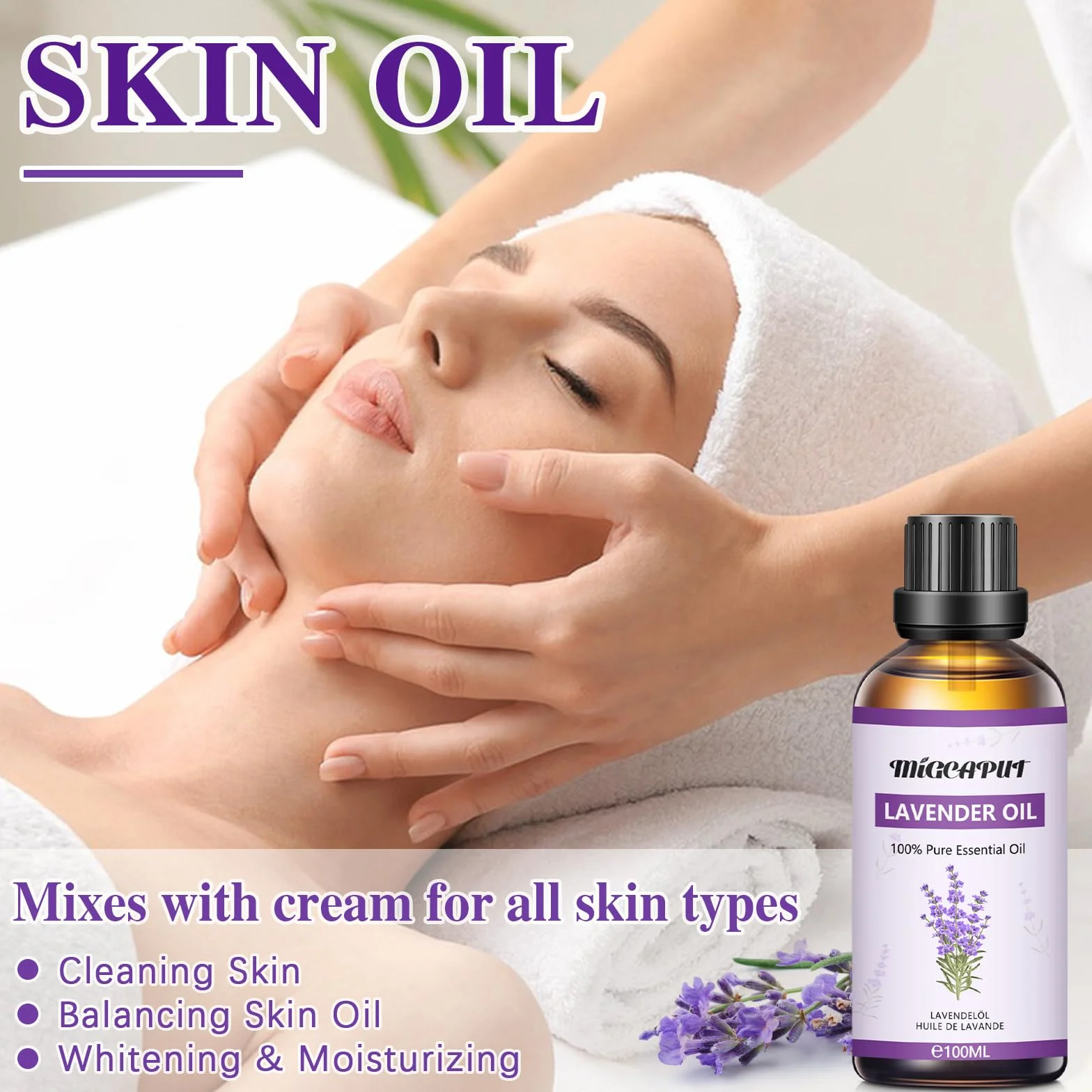 MIGCAPUT Olejek Eteryczny Lawendowy 100ML 100% Naturalny Aromaterapeutyczny do Pielęgnacji Skóry Przeciwtrądzikowy