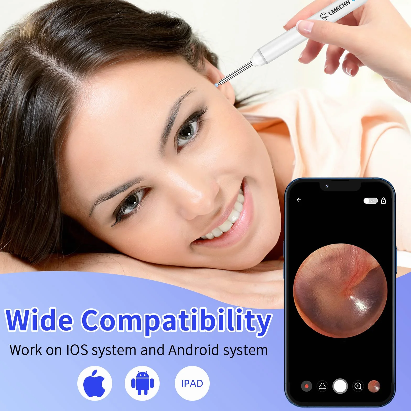 Otoskop HD 1920P Wodoodporna kamera do uszu IP67 6 diod LED iOS Android (biały)