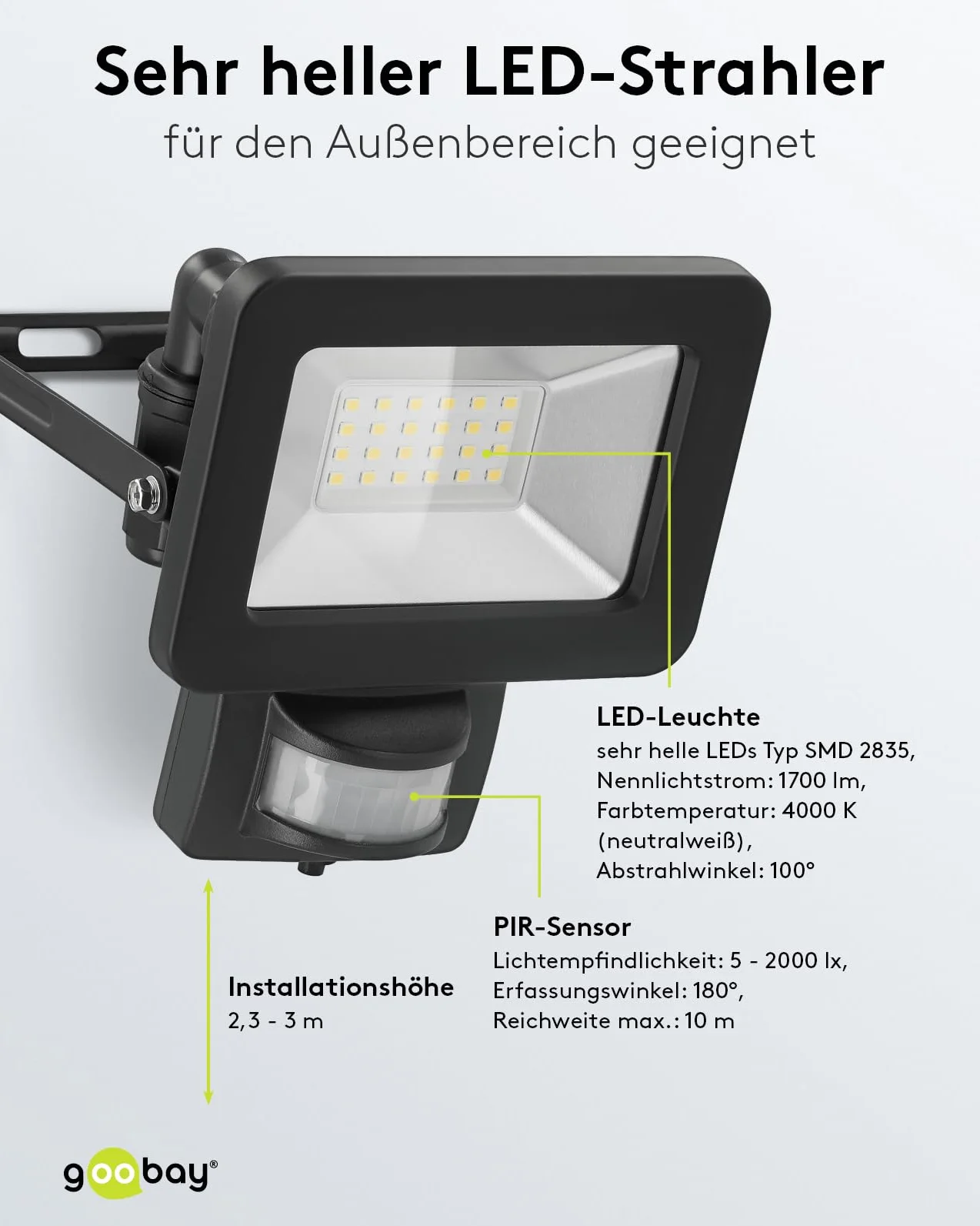 Goobay 53879 reflektor LED z czujnikiem ruchu – reflektor LED o mocy 20 W – neutralne białe światło 4000 K – 1700 lumenów – kąt świecenia 100 stopni – stopień ochrony IP65 – czarny