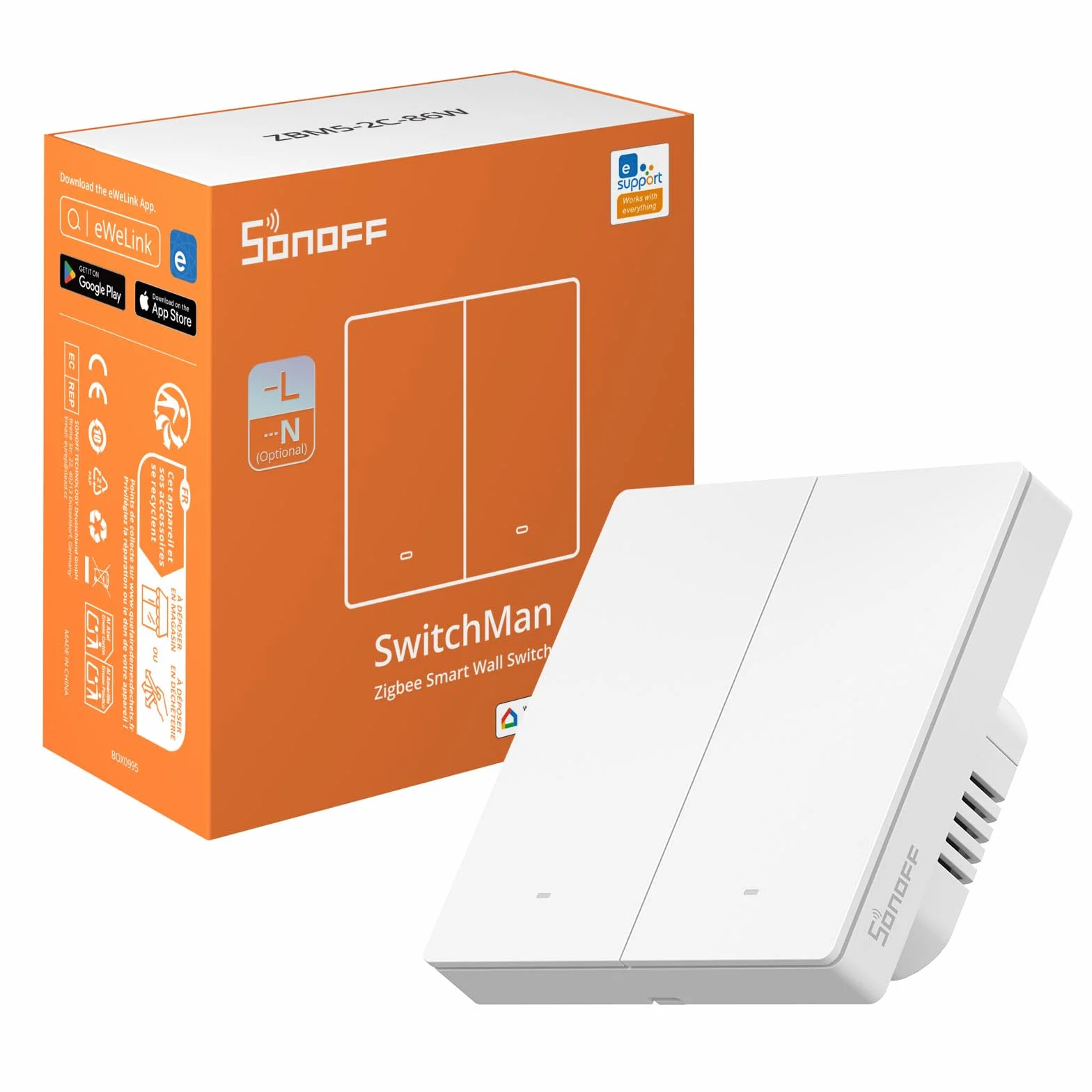 SONOFF Smart Light Switch, Wymaga SONOFF Zigbee Hub, Smart Switch, Bez Zera lub z Zerem, APP Remote Control, Zigbee Switch ZBM5 86-Type, 2-klawiszowy