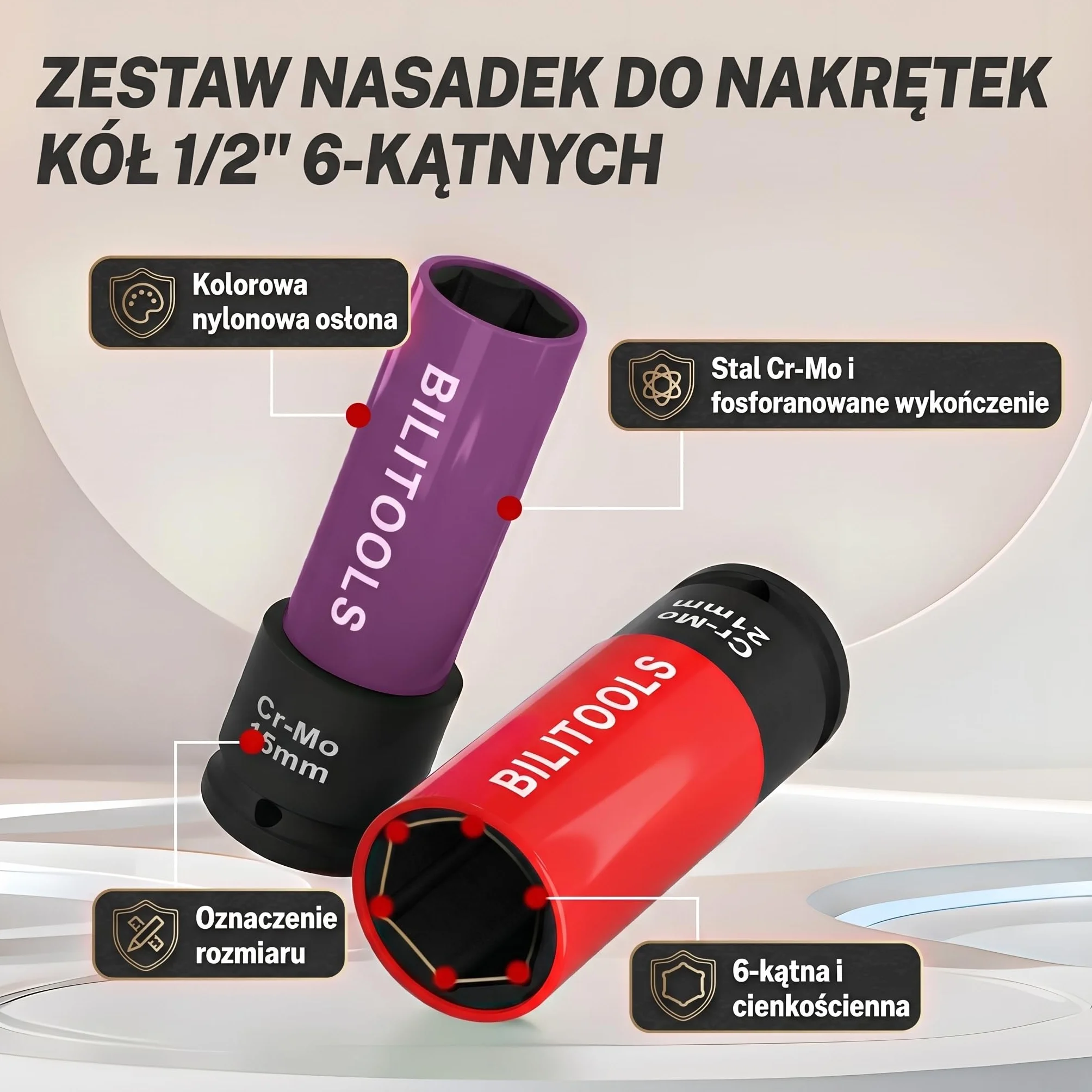 BILITOOLS 1/5.1 cm zestaw nasadek nasadowych z nasadką udarową, 15 17 19 21 22 mm niebrudzące się cienkie koło ścienne osłona nakrętki nasadowej