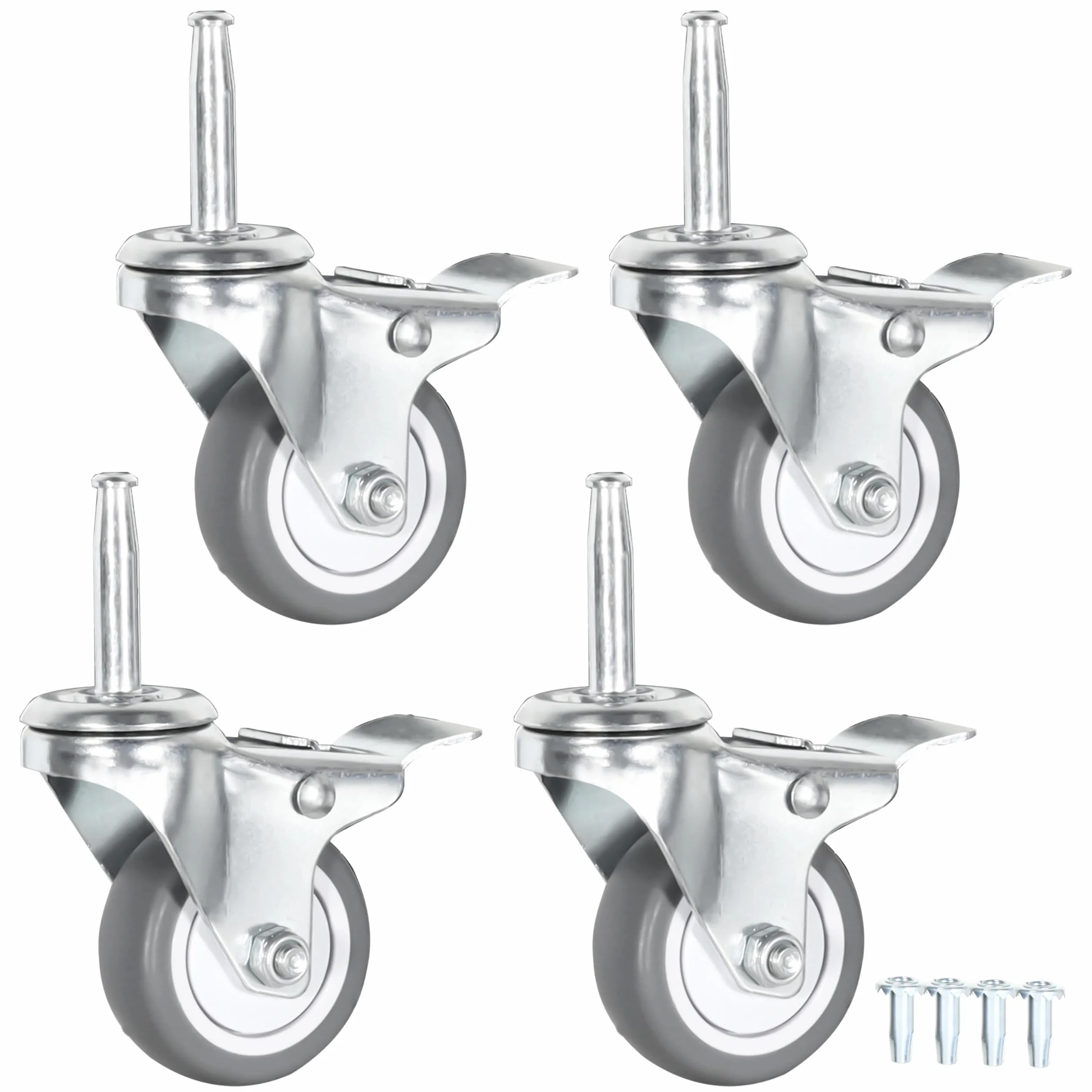 2-calowe kółka skrętne z trzpieniem, 5/16" x 1-1/2" (średnica trzpienia 5/16", długość 1-1/2") Zestaw 4 kółek zapasowych z TPR (z gniazdami) (2,0-calowe szare kółko TPR z hamulcem)