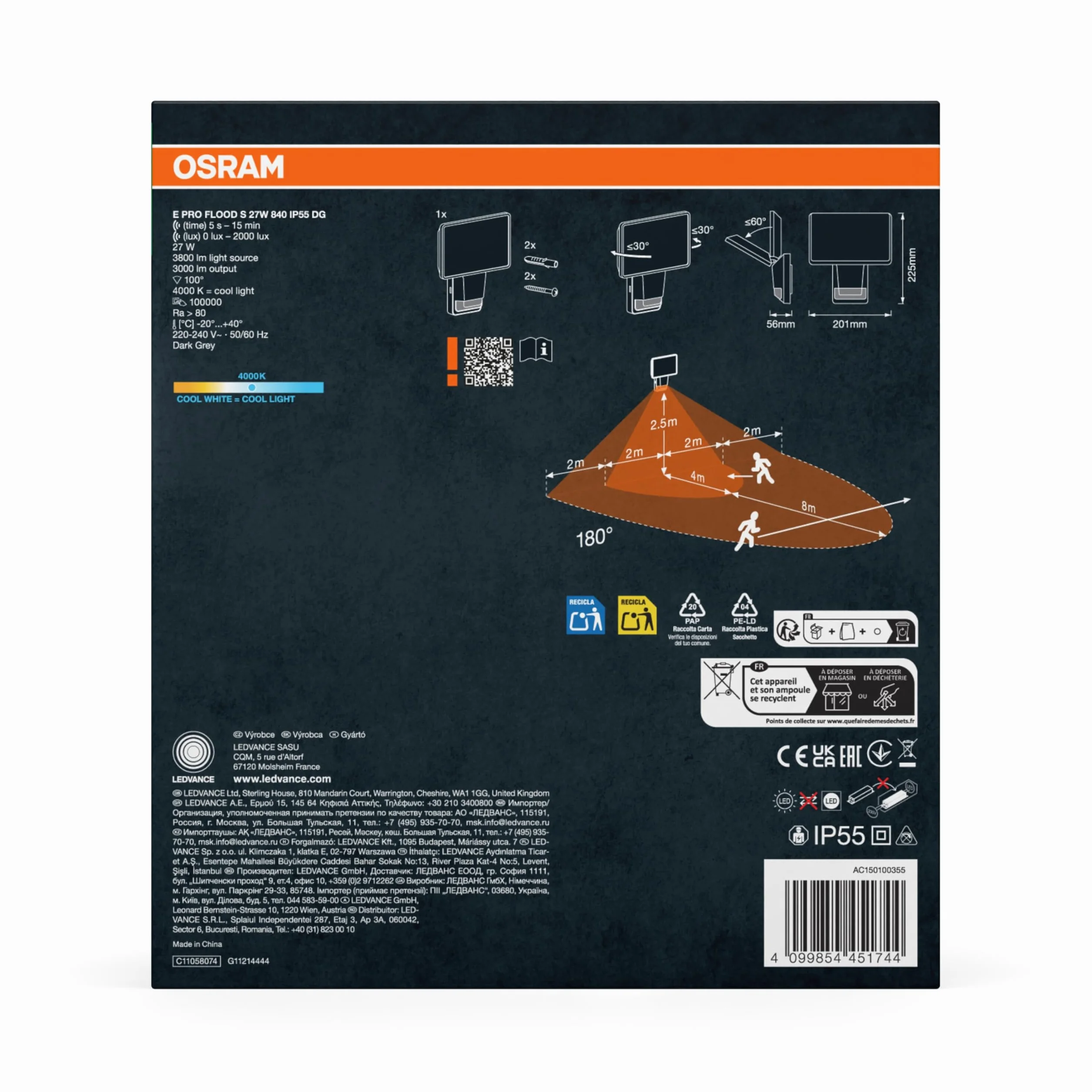 OSRAM ENDURA PRO Bardzo wydajny zewnętrzny reflektor ścienny z czujnikiem ruchu i szerokim kątem świecenia, o innowacyjnej konstrukcji optycznej, 27 W w kolorze ciemnoszarym, stopień ochrony IP55, do | ENDURA PRO czujnik Flood, latarnia zewnętrzna, ciemno