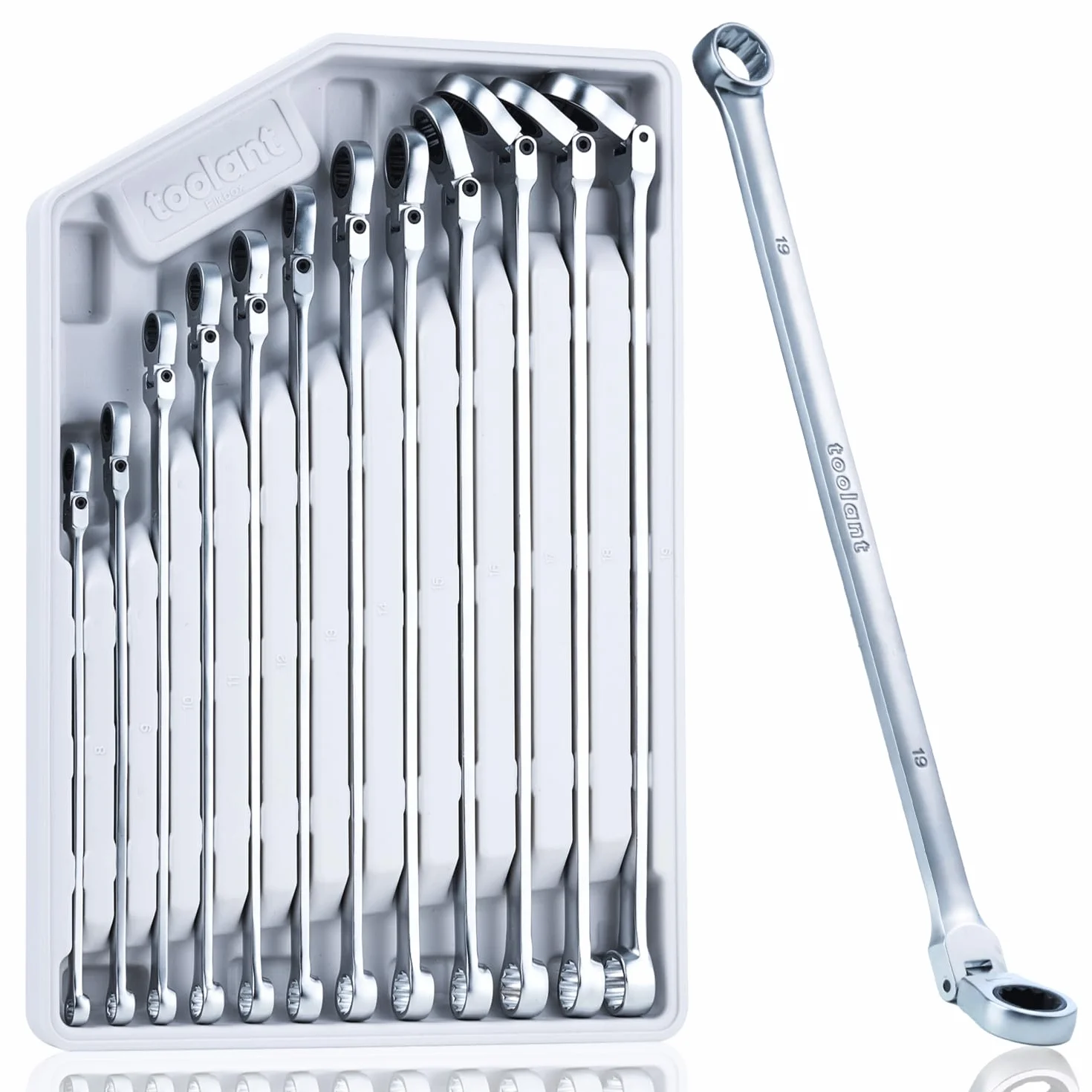 toolant Bardzo długi zestaw kluczy grzechotkowych, głowica elastyczna i stała głowica offsetowa, zestaw kluczy płaskich, stal CR-V, metryczne 8-19 mm, 12 szt. z tacą do przechowywania