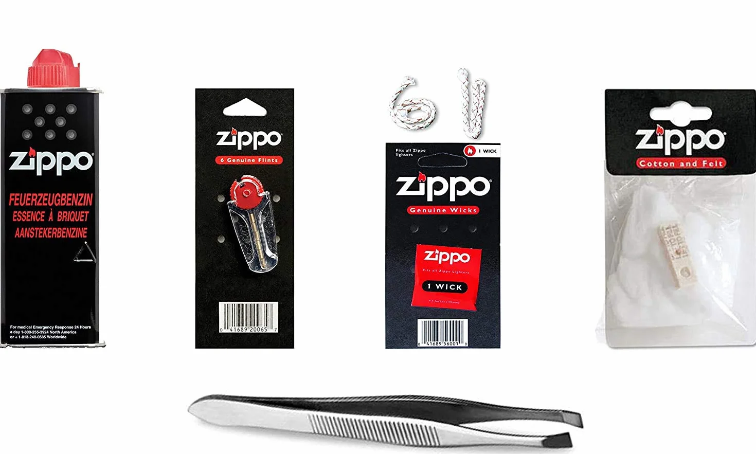 Zippo Zestaw Akcesoriów (ReLife) z Benzyną, Watą, Knotem, Kamieniami i Pincetą Sunmondo do Łatwiejszej Wymiany Knota