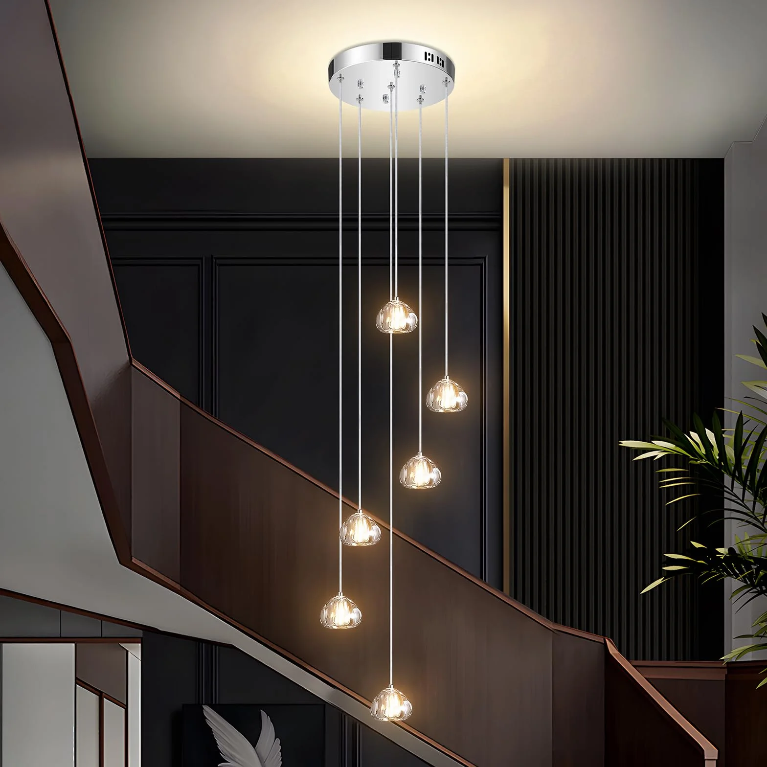 H.W.S Nowoczesna lampa wisząca LED, żyrandol Villa, regulowana wysokość, lampa wisząca szkło, do salonu, jadalni, przedpokoju, schodów, hotelu (6-punktowa, Okrągła, Chrom)