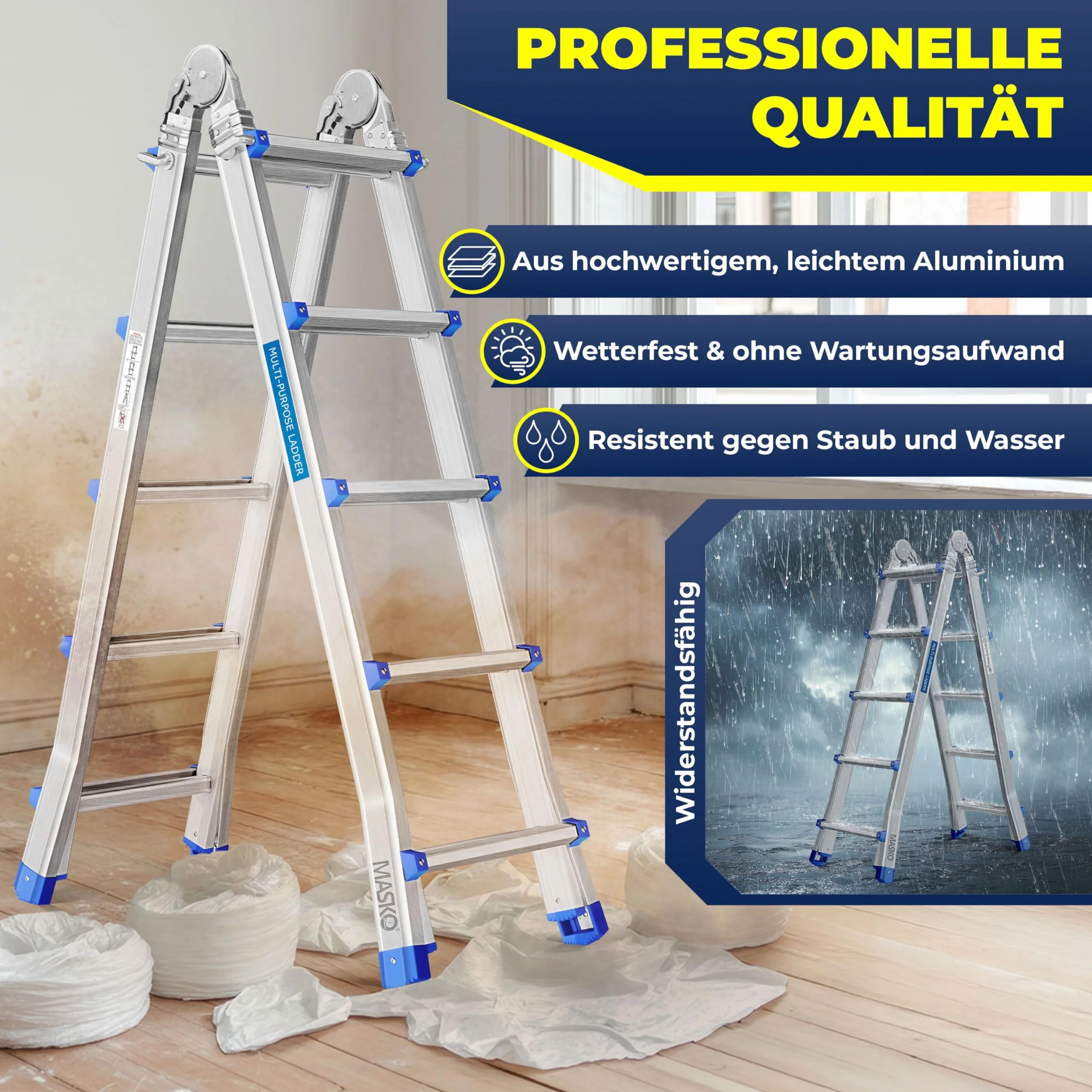 MASKO® Drabina aluminiowa Drabina wielofunkcyjna 5,10m 4x5 szczebli Drabina teleskopowa ✓ Drabina składana ✓ Drabina pojedyncza ✓ Drabina kozłowa ✓ Drabina wysuwana ✓ Drabina dwustronna i schodowa