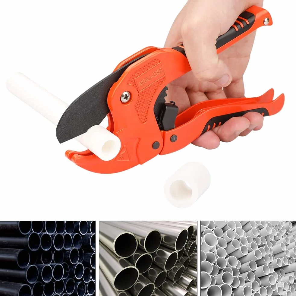 AIRAJ Obcinak do rur z tworzywa sztucznego, przecinak do rur z PVC z grzechotką, używany do cięcia rur plastikowych o średnicy zewnętrznej PEX, PVC i PPR, odpowiedni dla pracowników gospodarstwa