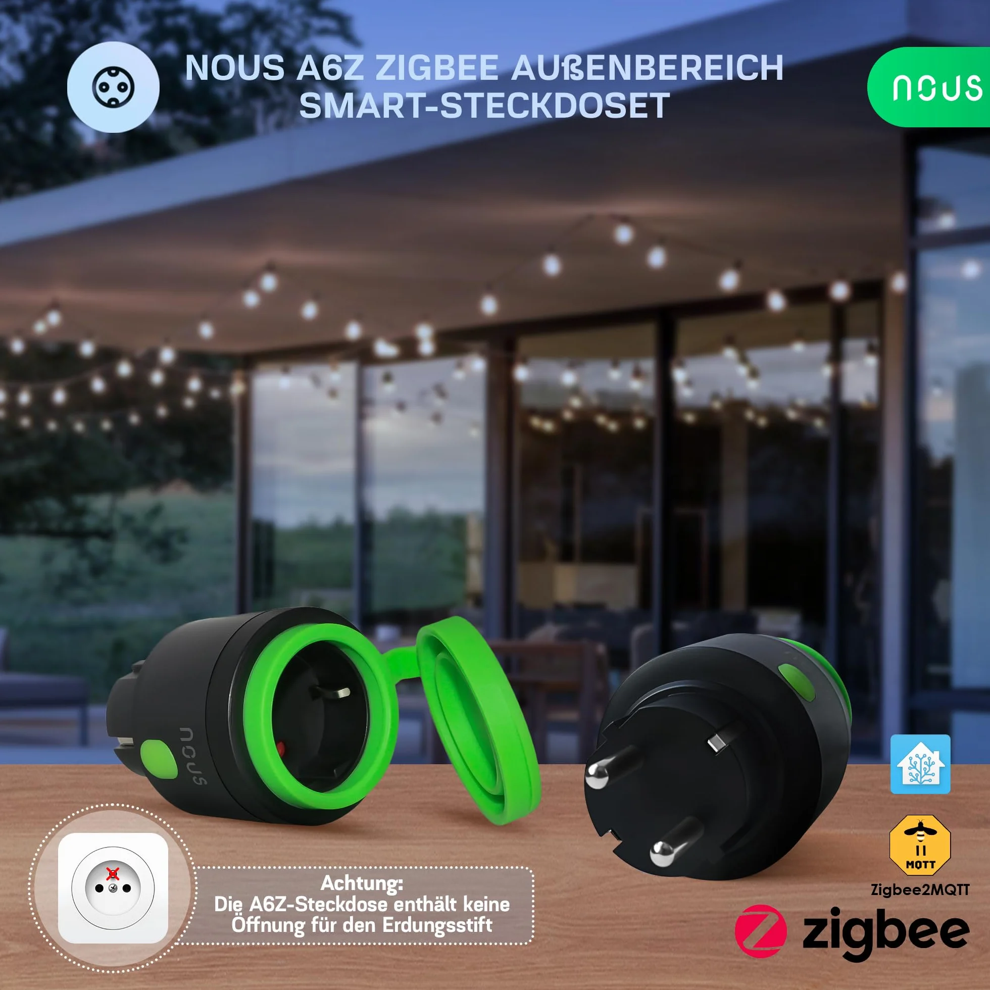 NOUS Zigbee inteligentne gniazdko zewnętrzne, IP44, inteligentne gniazdko z pomiarem zużycia, kompatybilne z akcesoriami Alexa, urządzeniami Smart Home, Google Home, Smart Life, 2MQTT, 16 A