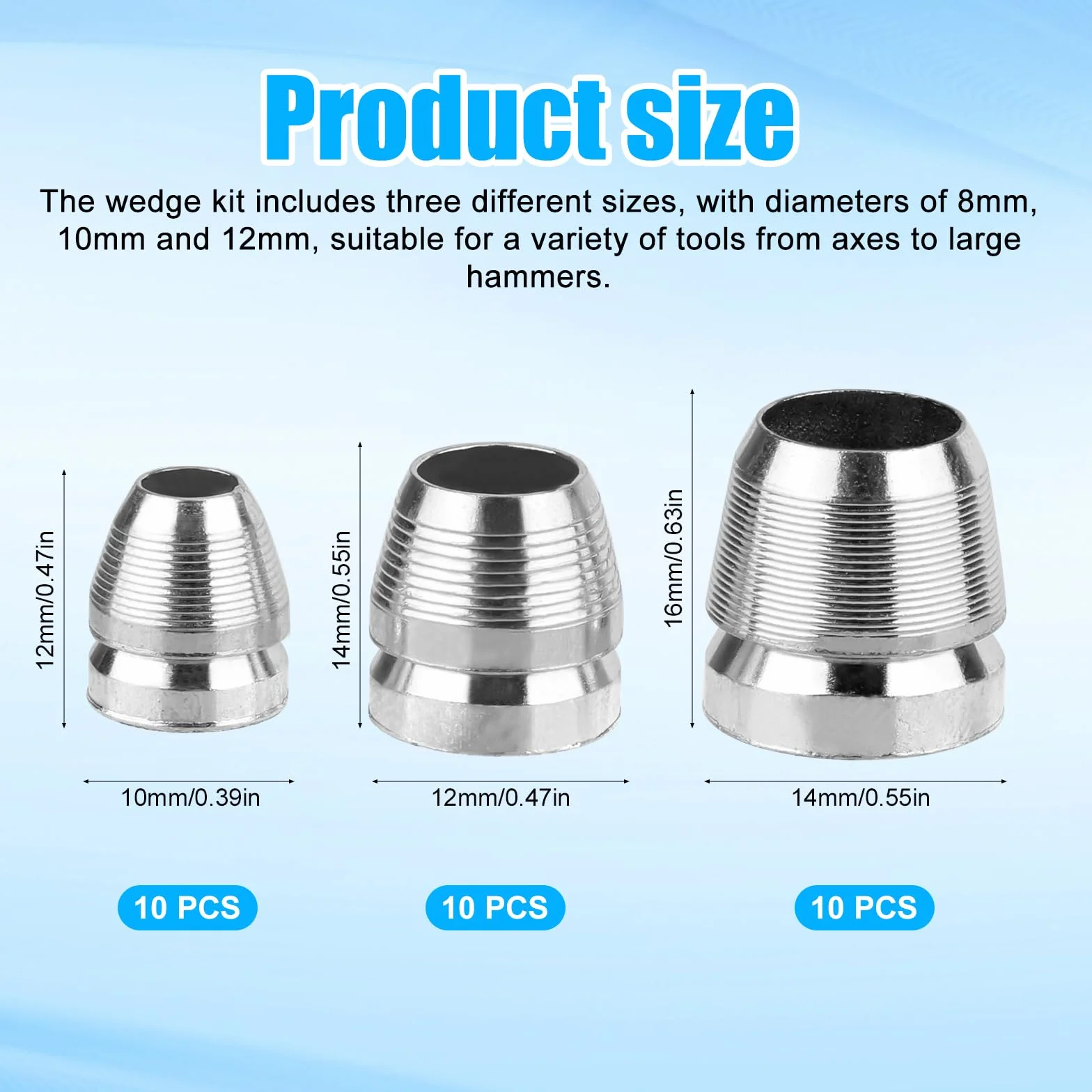 30 Szt. Zestaw Klinów Siekiery Okraglej, 10mm,12mm,14mm Solidny Klin Siekiery ze Stali Weglowej Akcesoria do Mlotka Metalowego do Wzmacniania
