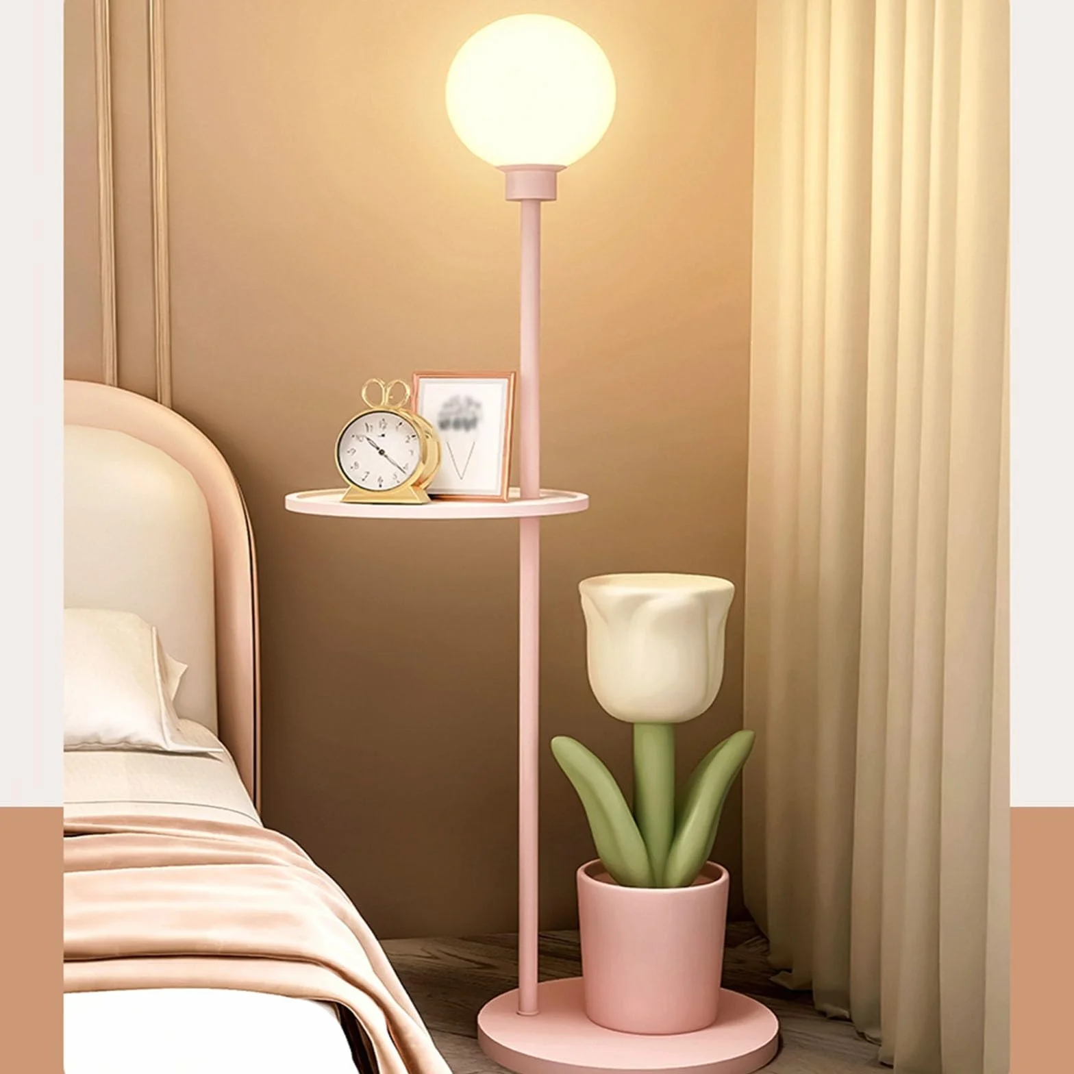 Lampa podłogowa ze stolikiem Zestaw stołowy i lampowy, lampka nocna do czytania, nowoczesny stolik końcowy z lampą podłogową do salonu, gabinetu, sypialni Lampa podłogowa ze stolikiem(Pink)