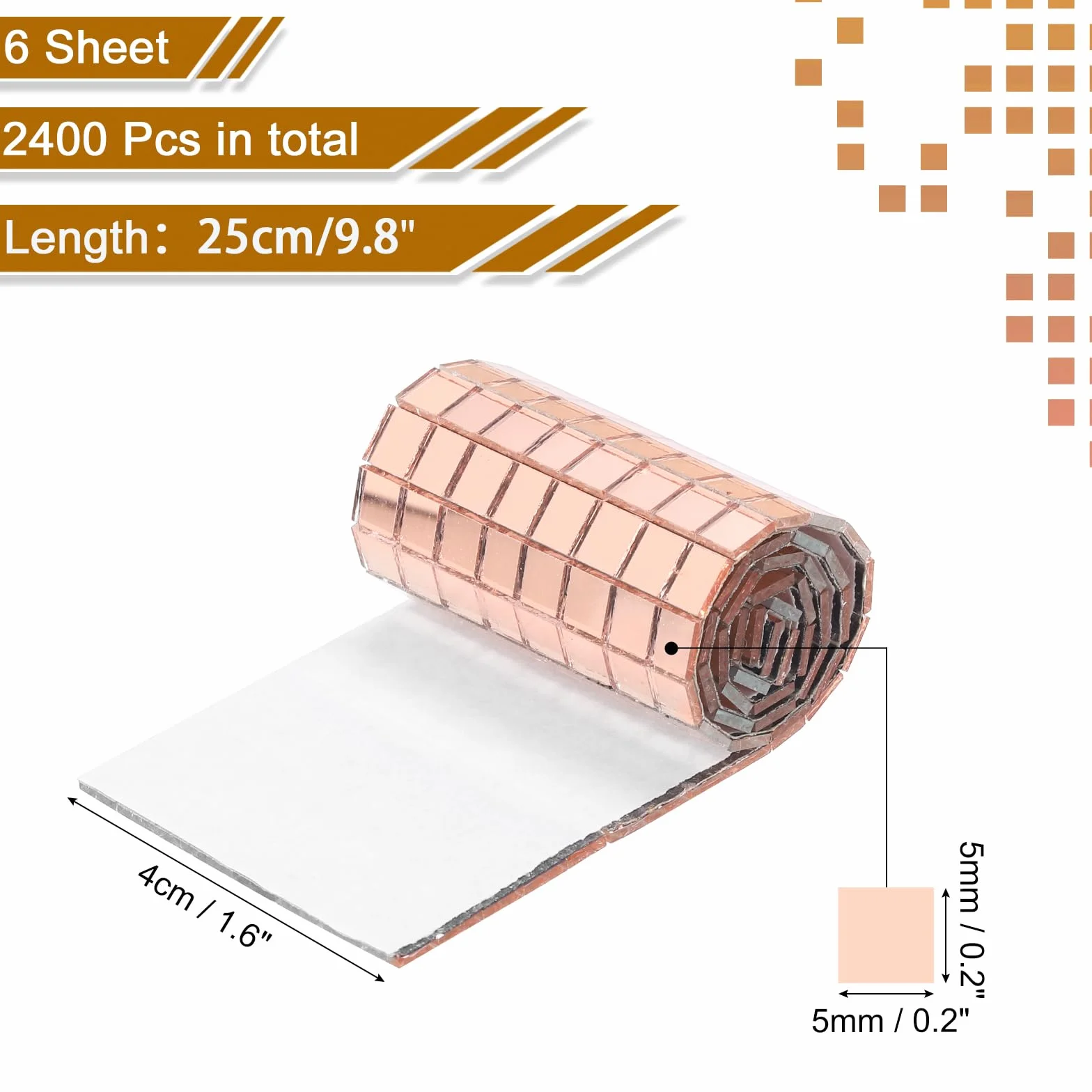 QUARKZMAN 2400 szt. szklanych luster kula dyskotekowa płytki samoprzylepne różowe złoto lustro mozaika 5 x 5 mm do kuli dyskotekowej, rzemiosła DIY, dekoracja KTV, 6 arkuszy