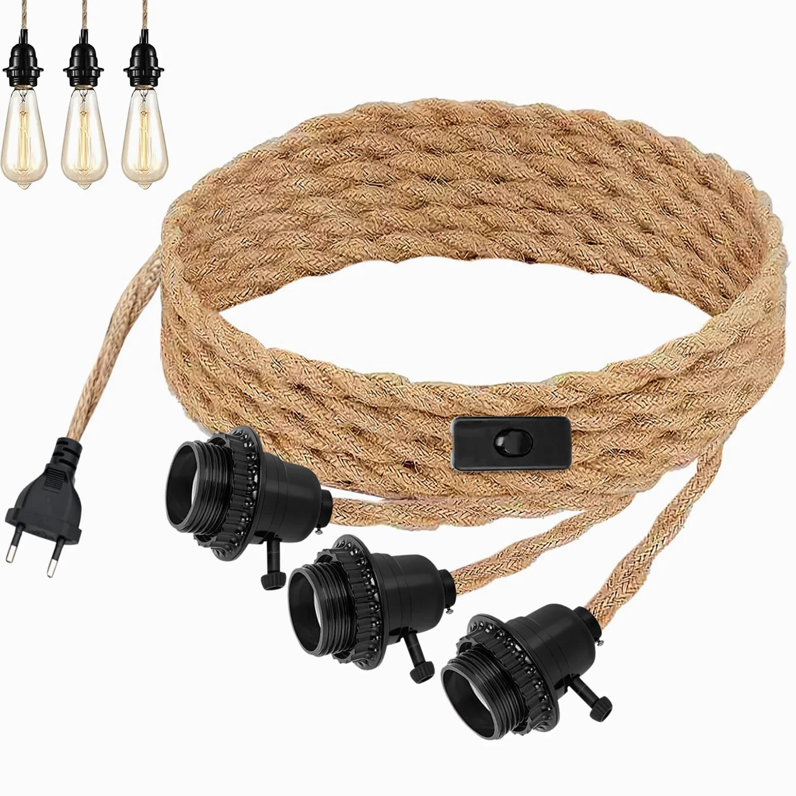 Lampa wisząca z liną konopną: E27 oprawa lampy wisząca z wtyczką, 3-punktowa lampa wisząca w stylu vintage, 3-punktowa oprawa lampy z kablem 6,8 m z przełącznikiem, lina konopna, przemysłowa