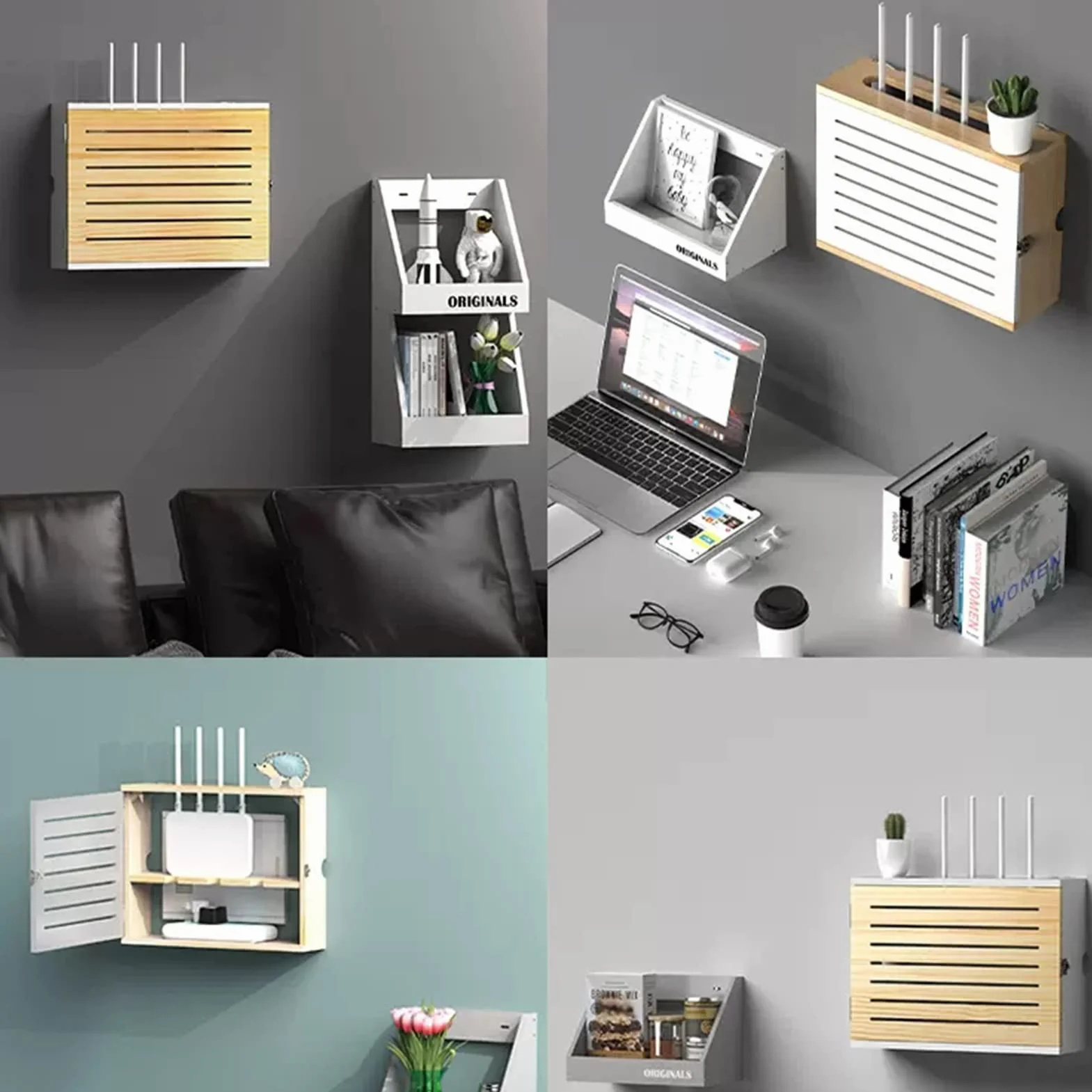 Uchwyt ścienny WiFi Router Schowek Drewniany dekoder sieciowy WiFi Kabel modemu ​Osłona routera Zorganizowana moc do domu sypialni salonu (kolor: Nutural-A, rozmiar: 47,4 x 37,4 x 10 cm)