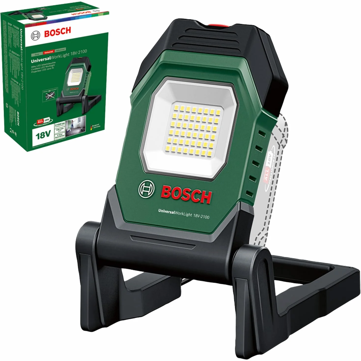 Bosch akumulatorowa lampa robocza LED/lampa budowlana/przenośny naświetlacz UniversalWorkLight 18V-2100 (maks 2100 lumenów, 3 ustawienia jasności, głowica składana w 10 stopniach, bez akumulatora)