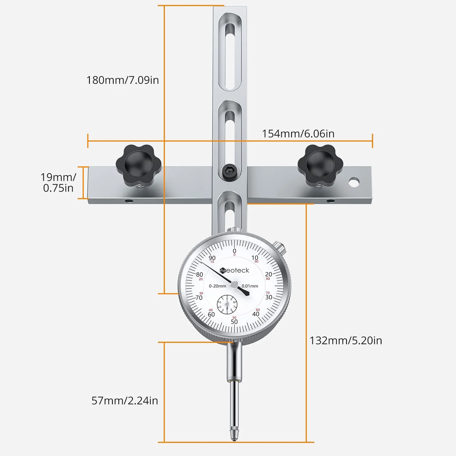 Neoteck Mechaniczny komparator 0-20 mm 0,01 mm z anodowanym prętem aluminiowym