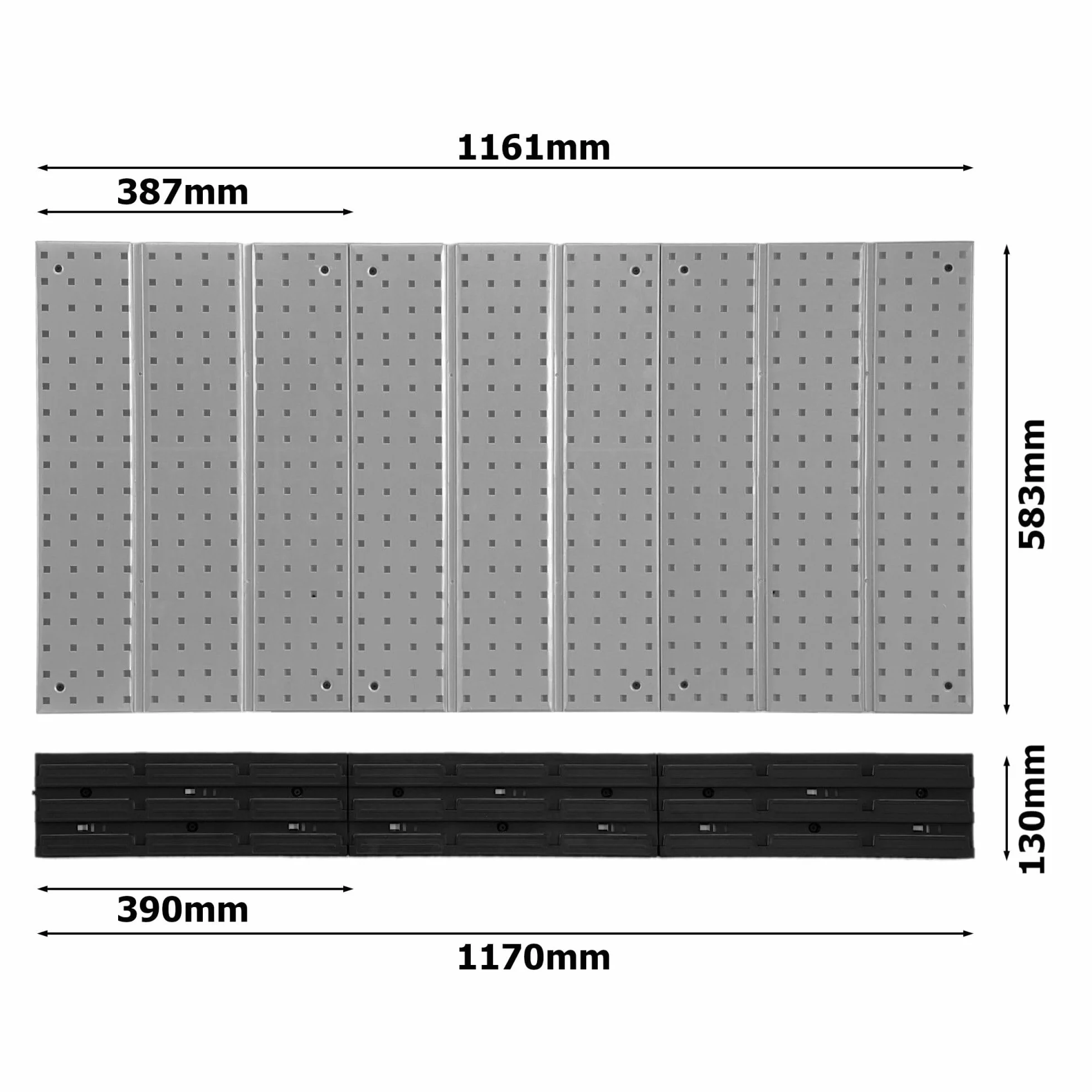 Metalowa ścianka narzędziowa 117 x 72 cm, system przechowywania z uchwytami na narzędzia, hakami narzędziowymi i 9 pudełkami do układania w stos 120 x 200 x 90 mm, kolor: czarny, deska perforowana do