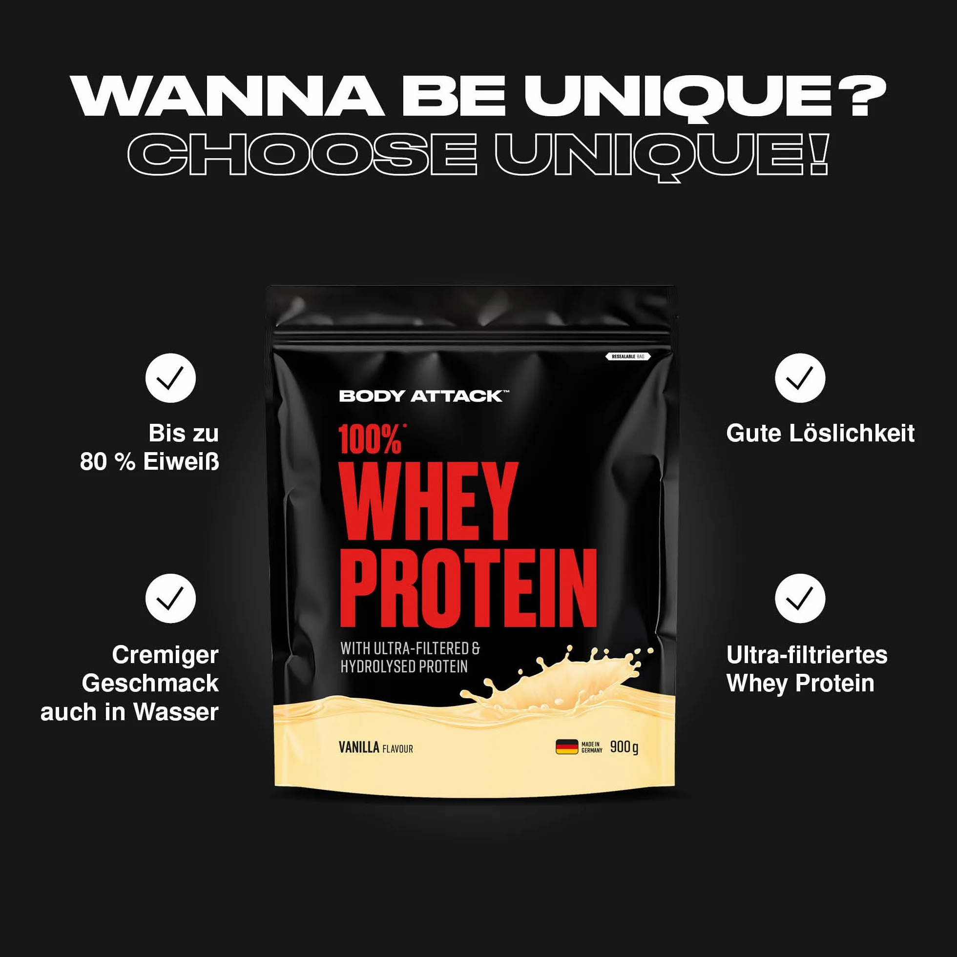 Body Attack 100% WHEY PROTEIN – wanilia – 900 g – Made in Germany – ekstra kremowy proszek białkowy z hydrolizatem i BCAA's, wspomaga budowę mięśni i dietę