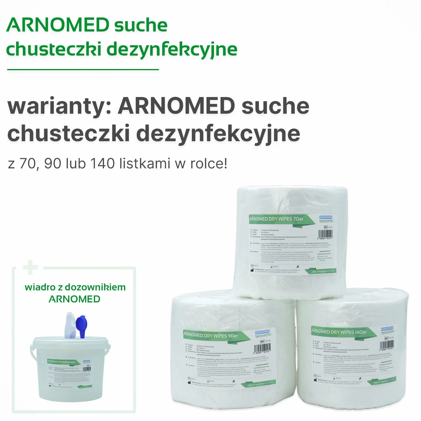 ARNOMED suche chusteczki dezynfekcyjne, 70 arkuszy w rolce z włókniny, chusteczki do dezynfekcji i czyszczenia powierzchni, do stosowania w połączeniu z wiadrem z dozownikiem i środkiem dezynfekcyjnym