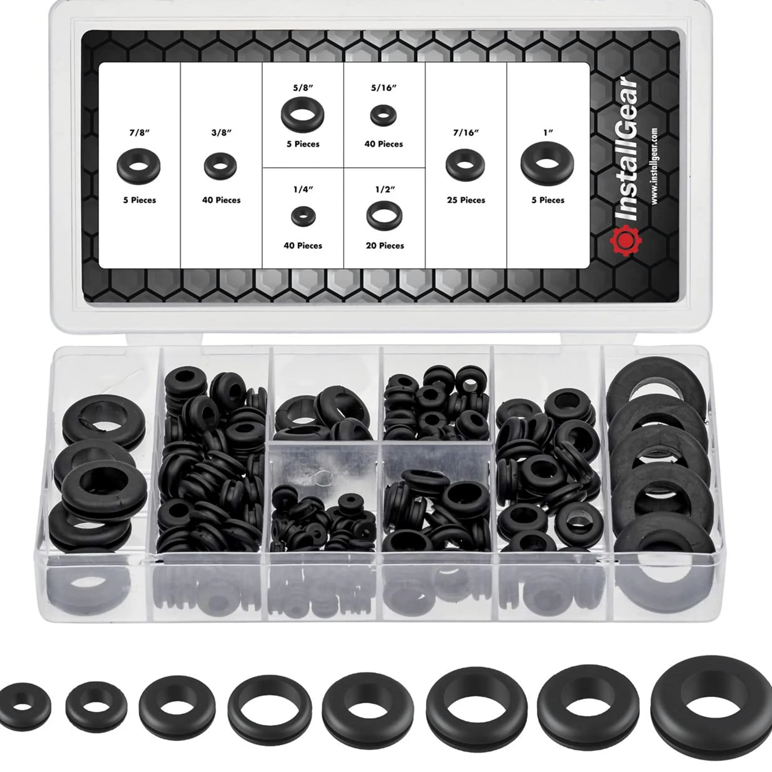 InstallGear 180 szt. zestaw gumowych pierścieni – 1/4", 5/16", 3/8", 7/16", 1/2", 5/8", 1,8", 1"