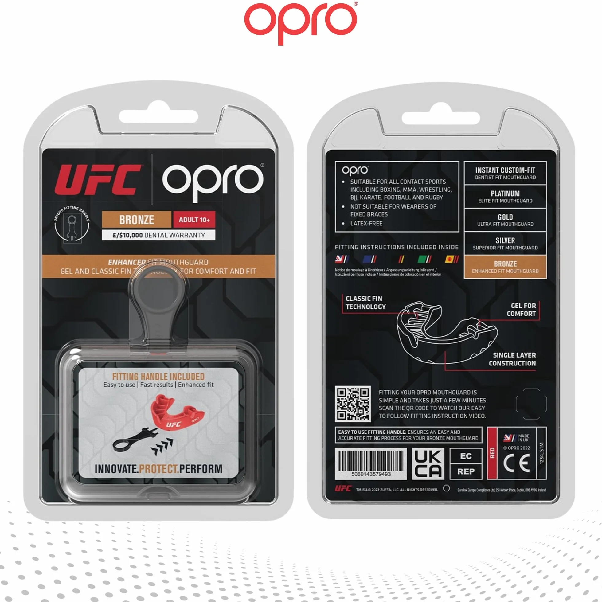 OPRO Bronze Level UFC sportowa osłona na zęby dla dorosłych i młodzieży z etui i urządzeniem montażowym, osłona dziąseł do UFC, MMA, boksu, BJJ i innych sportów walki (czerwona, dla dorosłych)