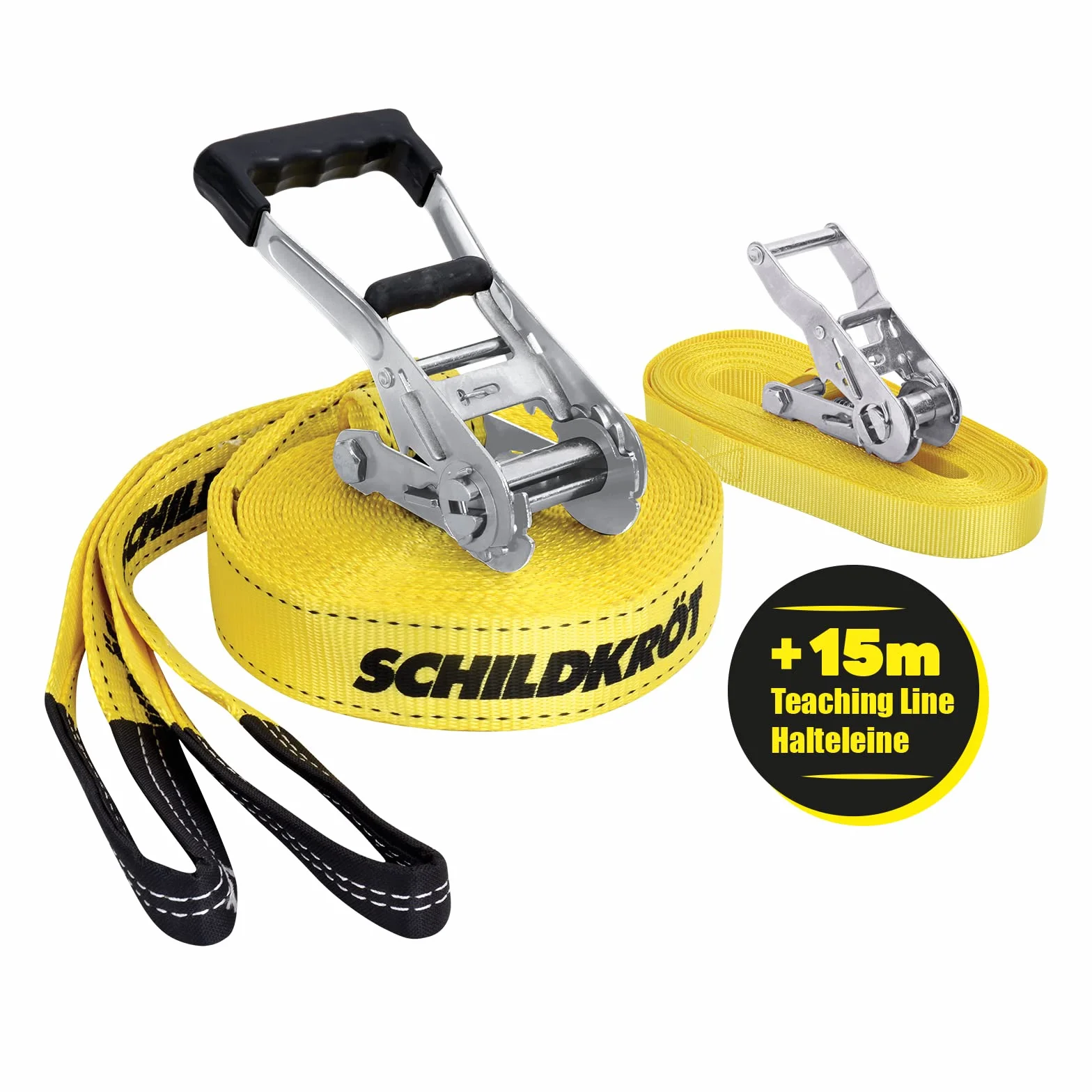 Schildkröt® Slackline 15 m, dodatkowo z linią Teaching Line, linia pomocnicza dla początkujących, wytrzymała linia o szerokości 5 cm, dla dzieci i dorosłych