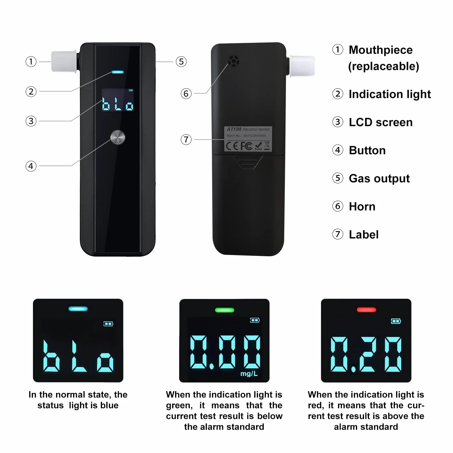 Przenośny Alkomat z 10 ustnikami Wyświetlacz LCD Tester Alkoholu