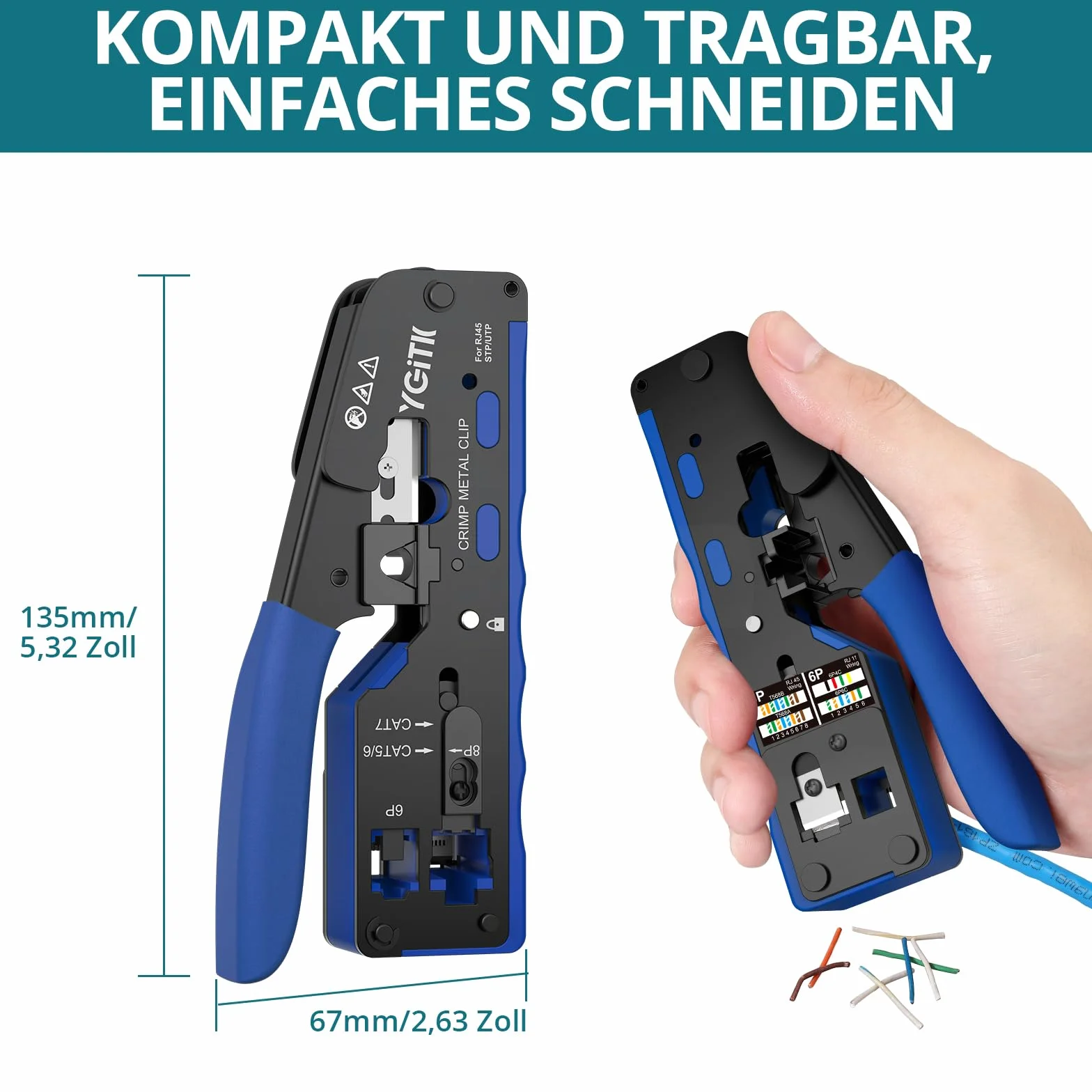 Zestaw narzędzi do zaciskania RJ45, zaciskarka 3 w 1, striptizerka, tester kabli do CAT5, Cat5e, CAT6, Cat6A 8P+6P, narzędzie do zaciskania przelotowego Ethernet z 50 szt. złączami RJ45 Cat6 i