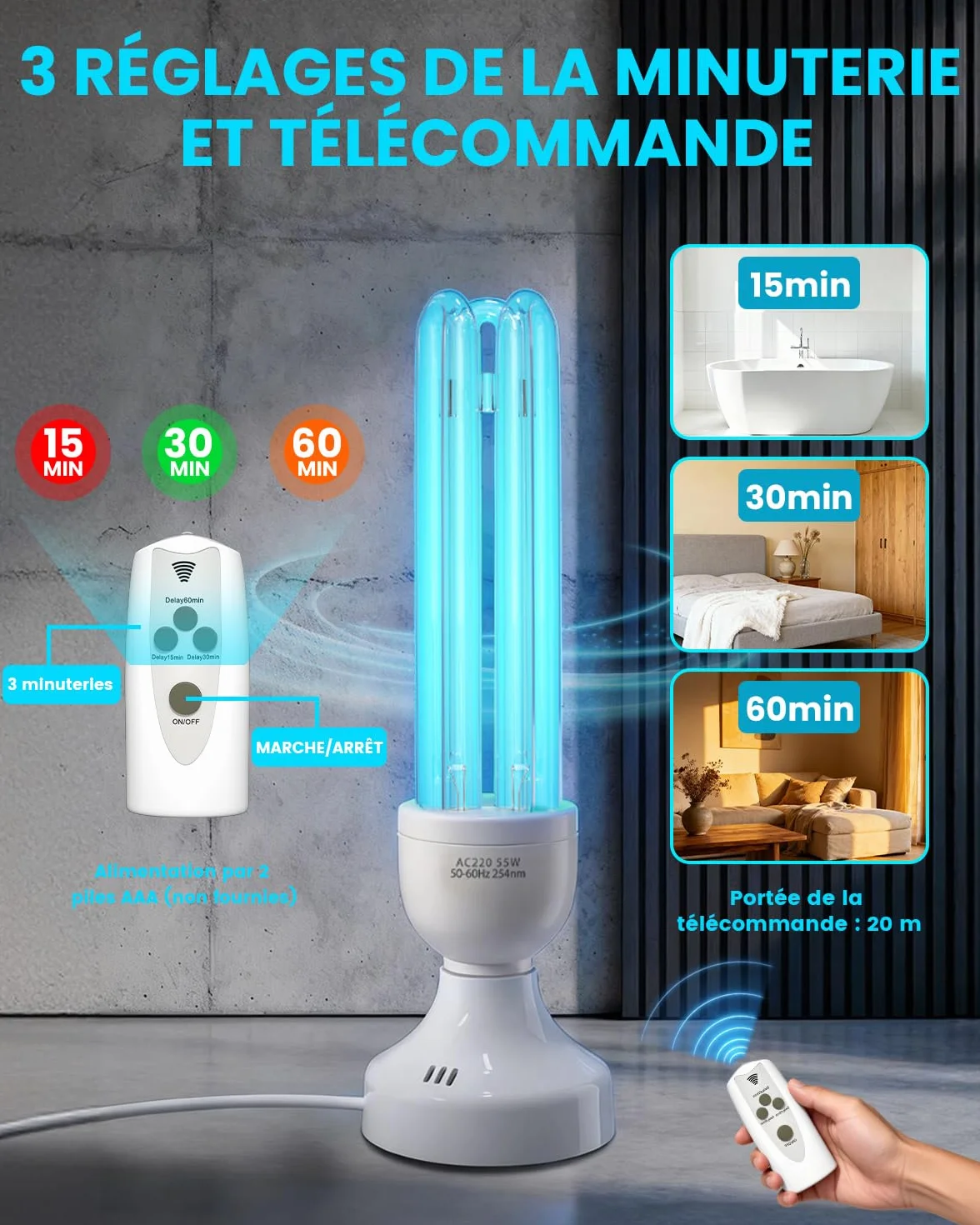 55 W UV bakteriobójcza lampa UVC ozonowa ultrafioletowa z pilotem zdalnego sterowania i 3 timerami, podwójny sterylizator z rurką kwarcową 254 nm, sterylizacja UVC, do sypialni, kuchni