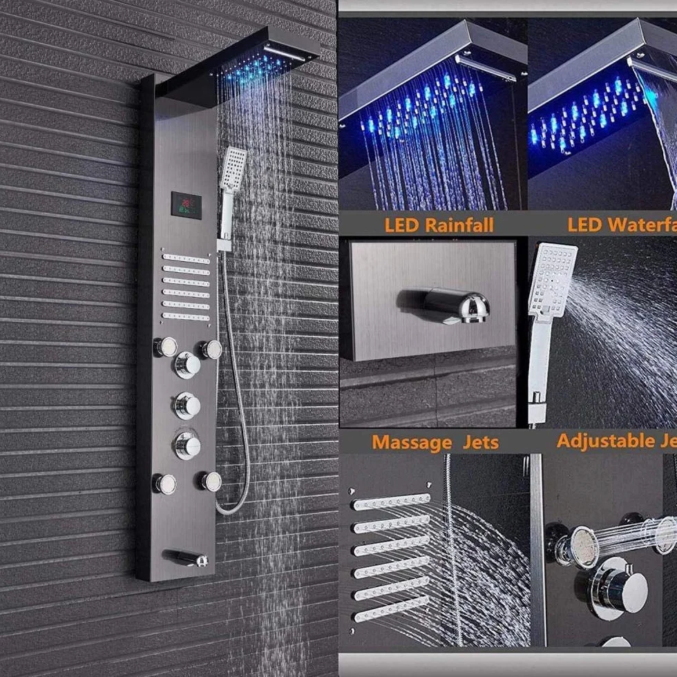 Czarny system prysznicowy bateria prysznicowa z wyświetlaczem temperatury wody LED zestaw prysznicowy z wodospadem głowica prysznicowa prysznic ręczny i dysza do masażu ciała do łazienki