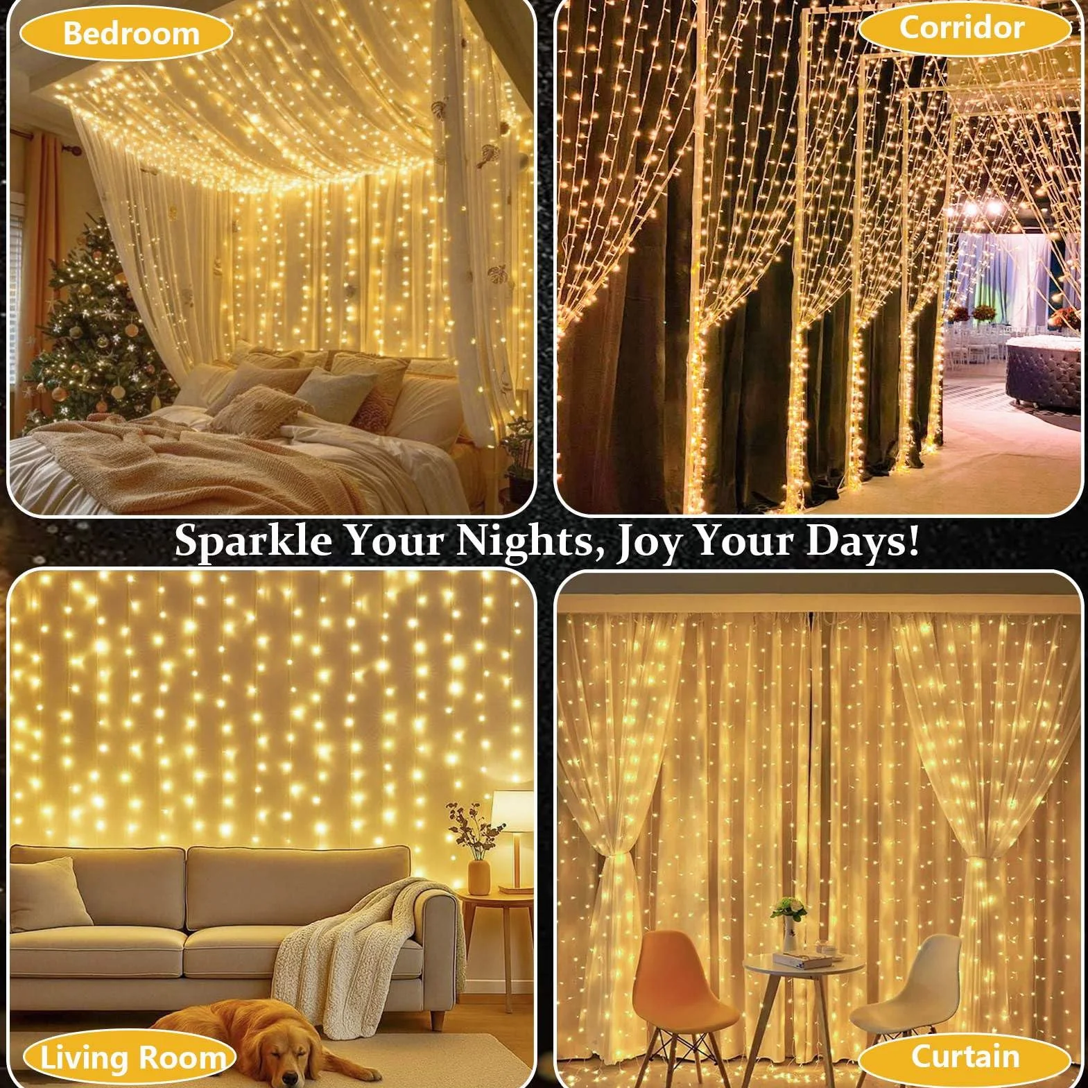 Joycome Kurtyna świetlna, 6 m x 3 m, 600 diod LED, 8 trybów świecenia, oświetlenie bożonarodzeniowe, zasilanie prądem, wodoszczelna, na ścianę, do pokoju, na balkon, do użytku na zewnątrz, dekoracja
