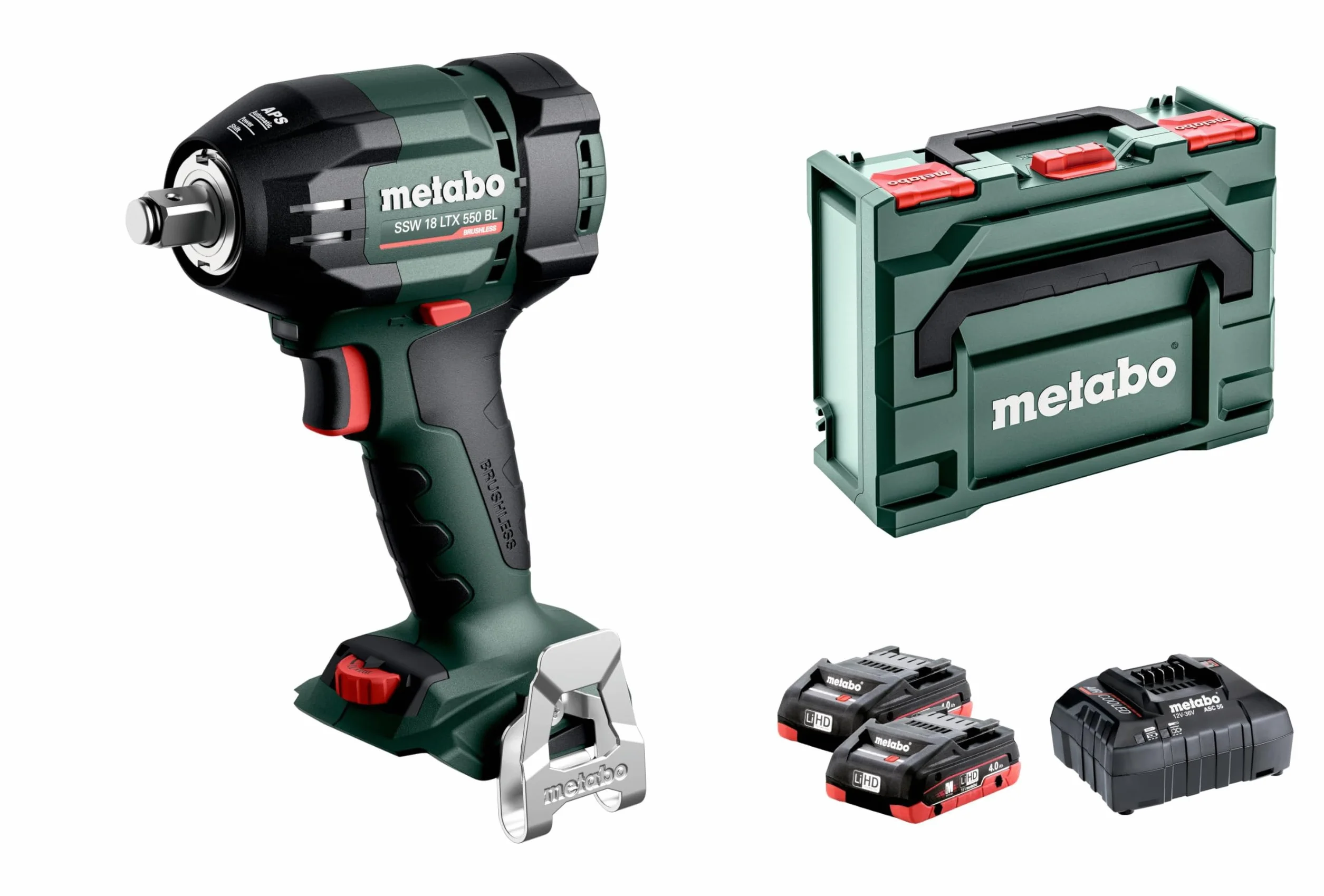 metabo Akumulatorowa wkrętarka udarowa SSW 18 LTX 550 BL – 18 V, 550 Nm, 1/2" czworokątna – bezszczotkowa, poręczna, LED, do budowy drewna, wymiany opon, montażu przemysłowego – w zestawie 2