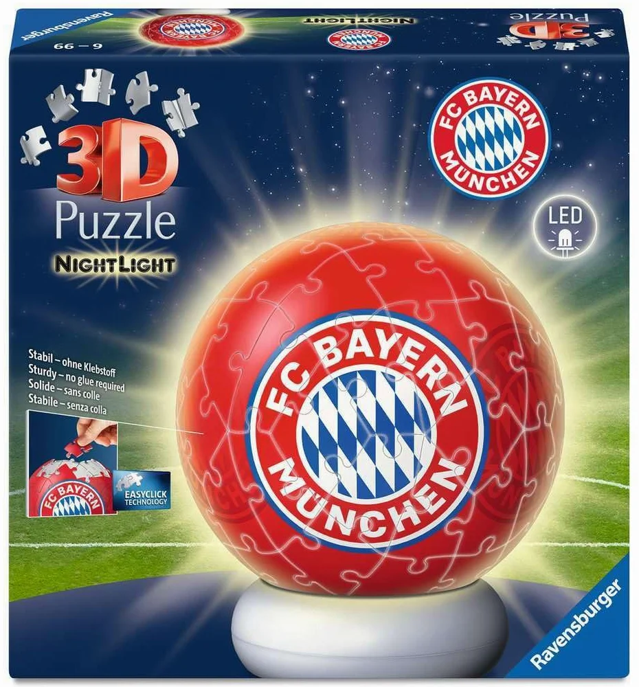Ravensburger 3D Puzzle Nachtlicht FC Bayern München - Puzzle-Ball mit LED Nachtlicht als Nachttischlampe für Kinder ab 6 Jahren