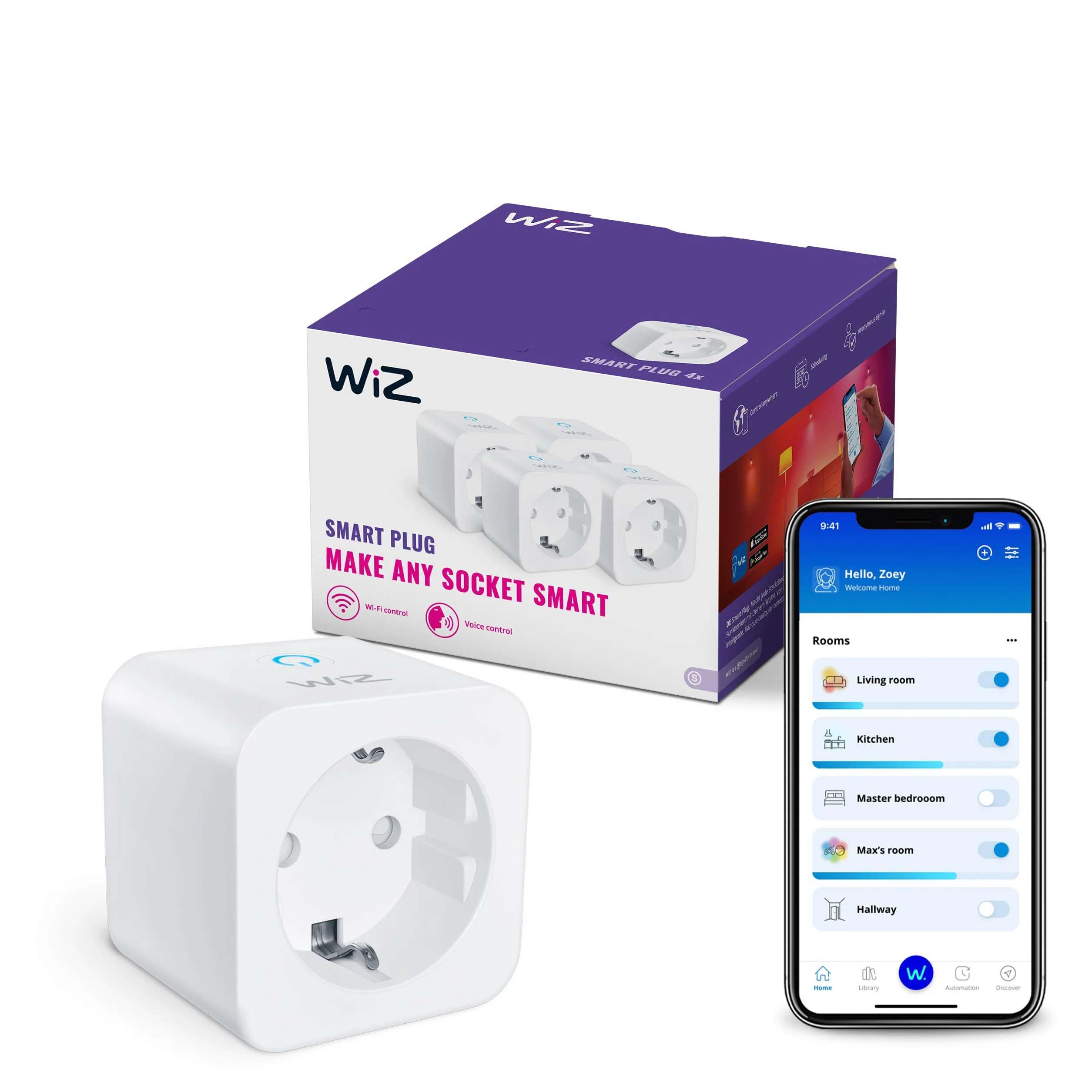 WiZ Wi-Fi Smart Plug, Typ F, 230 V, 50 Hz, Łatwa Konfiguracja, Certyfikat Matter, Inteligentne Sterowanie, Komendy Głosowe, Działa z Alexa, Google Home i Apple Home, Zestaw 4 Szt.
