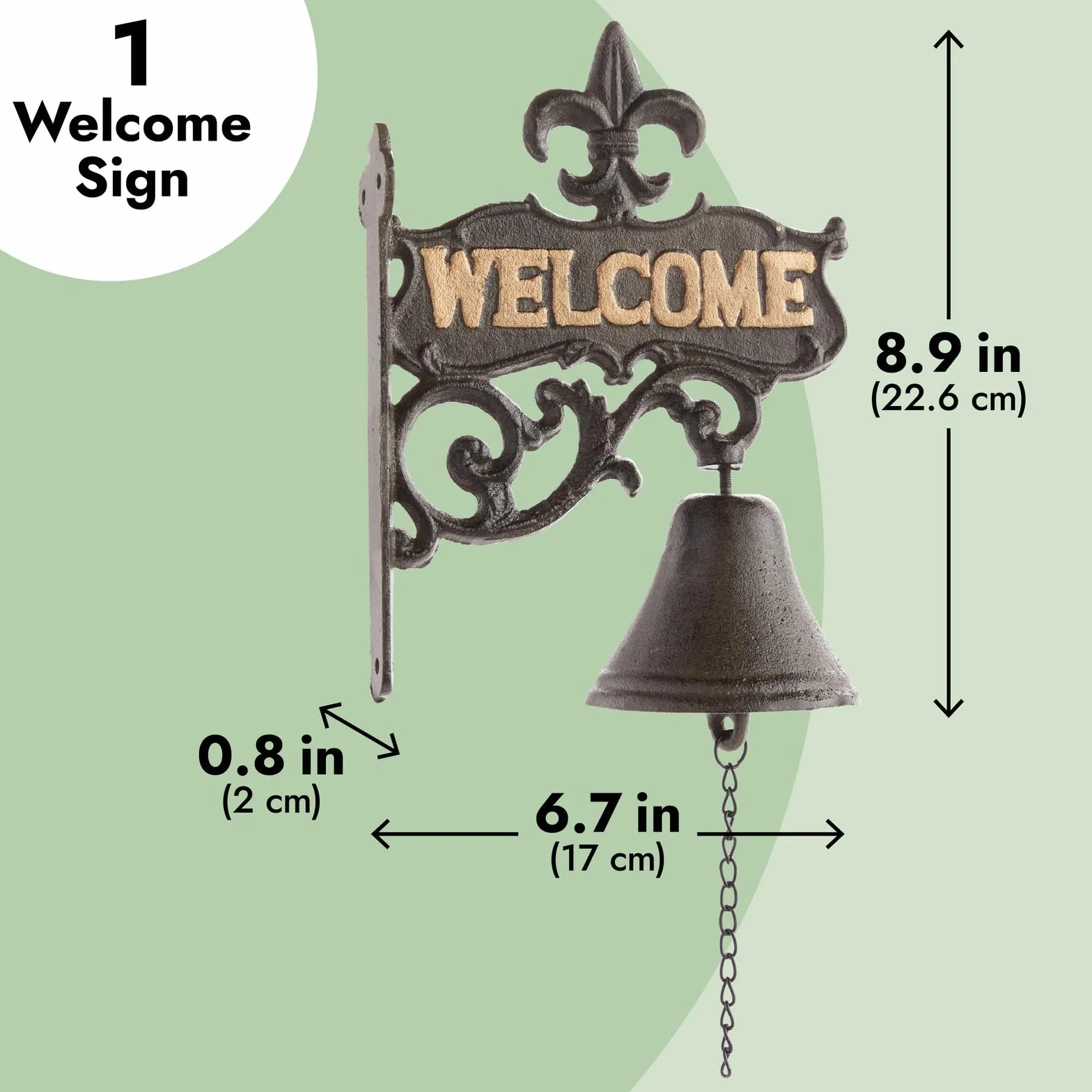 Żeliwny dzwonek - "Welcome" dzwonek do drzwi wejściowych, antyczny dzwonek do drzwi wejściowych, wnętrze, dekoracja zewnętrzna, czarny - 6,7 x 23 cm x 2 cm