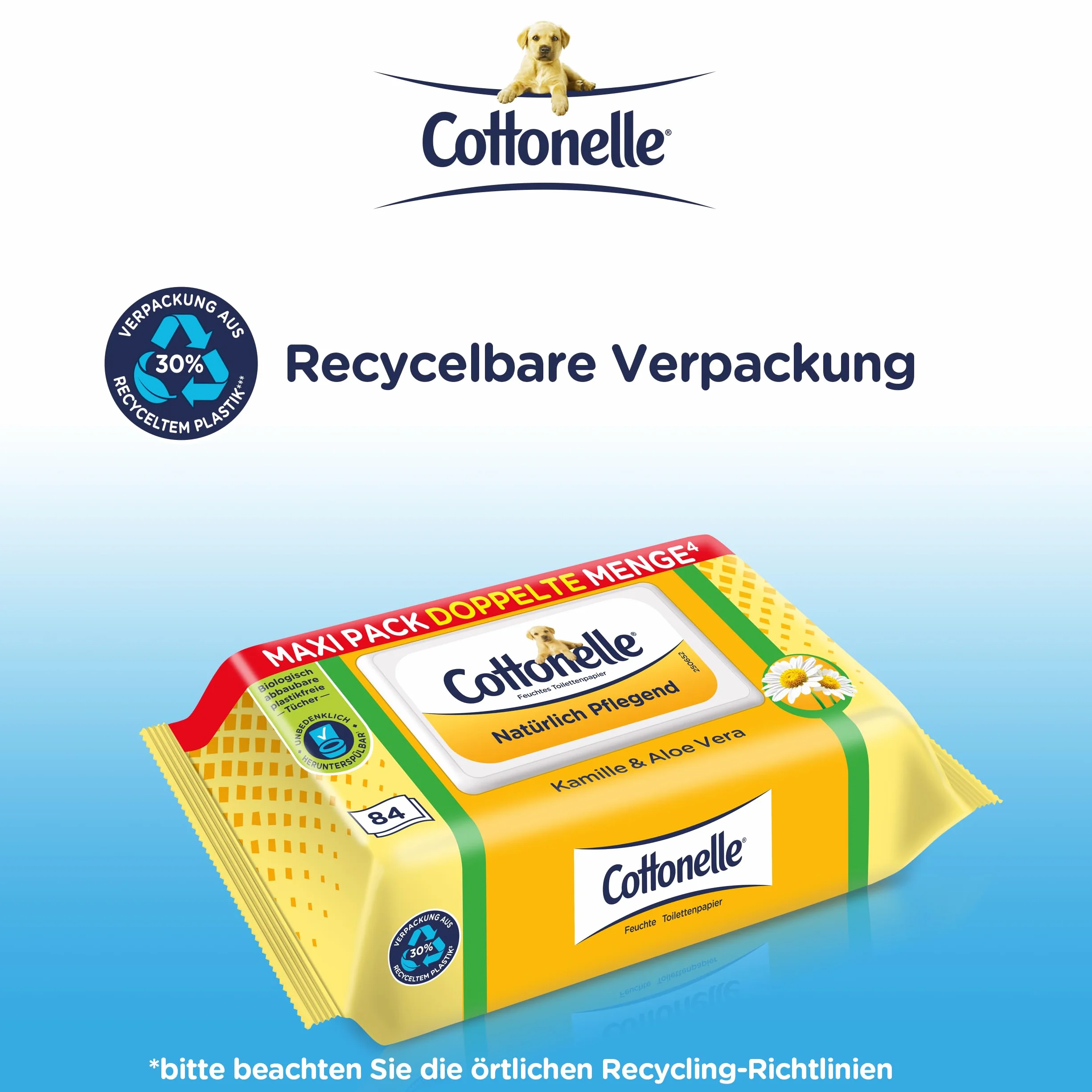 Cottonelle Wilgotny papier toaletowy, naturalnie pielęgnujący – rumianek i aloes, biodegradowalny, nie zawiera plastiku, możliwość ponownego zamknięcia, 1 x 84 chusteczki nawilżane (pojedyncze