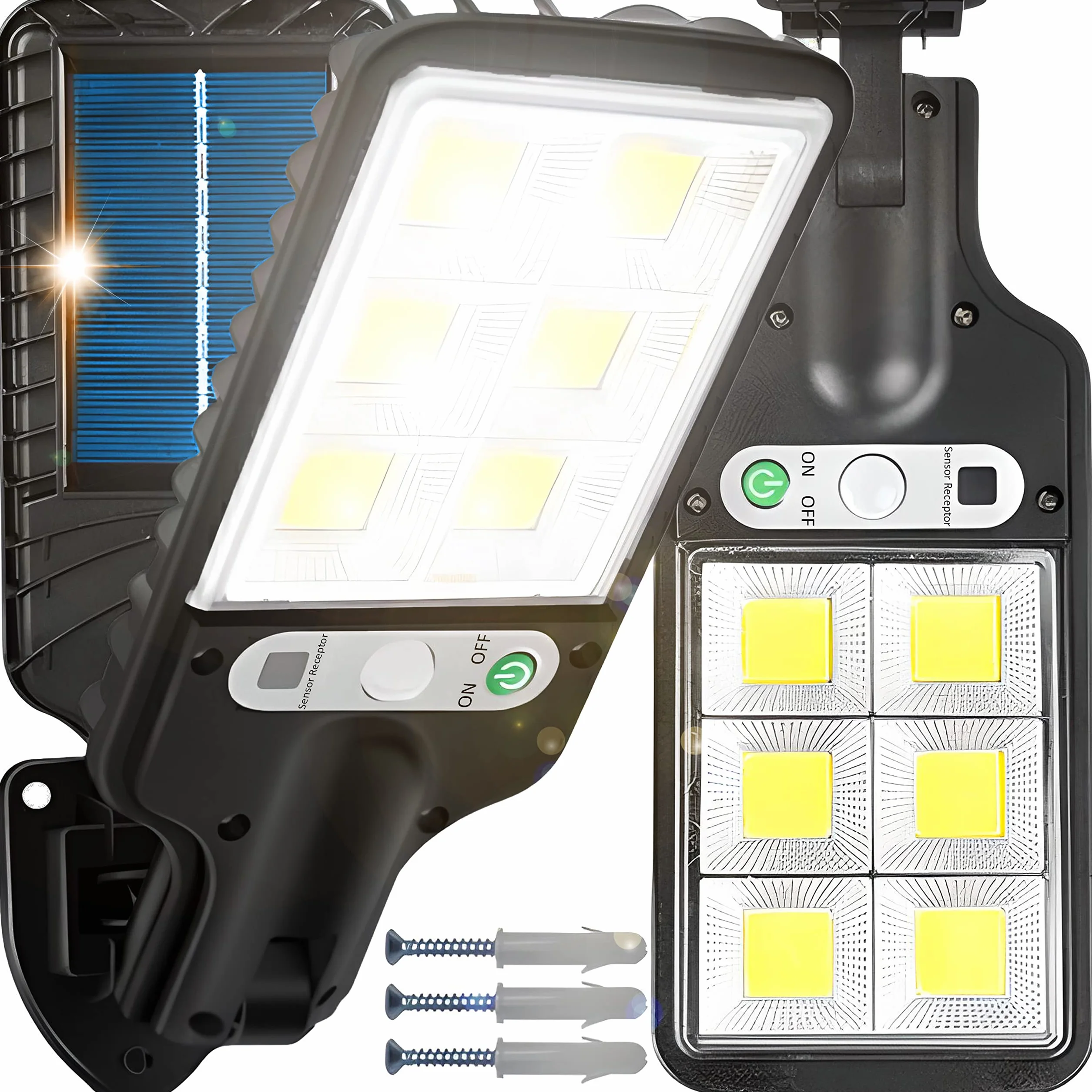 Retoo 120 LED 240 W IP67 lampa solarna z pilotem zdalnego sterowania i czujnikiem zmierzchu do świtu na zewnątrz, do ogrodu, na ulicy, werandę, zimna biel 6000 K, wodoszczelna lampa ścienna