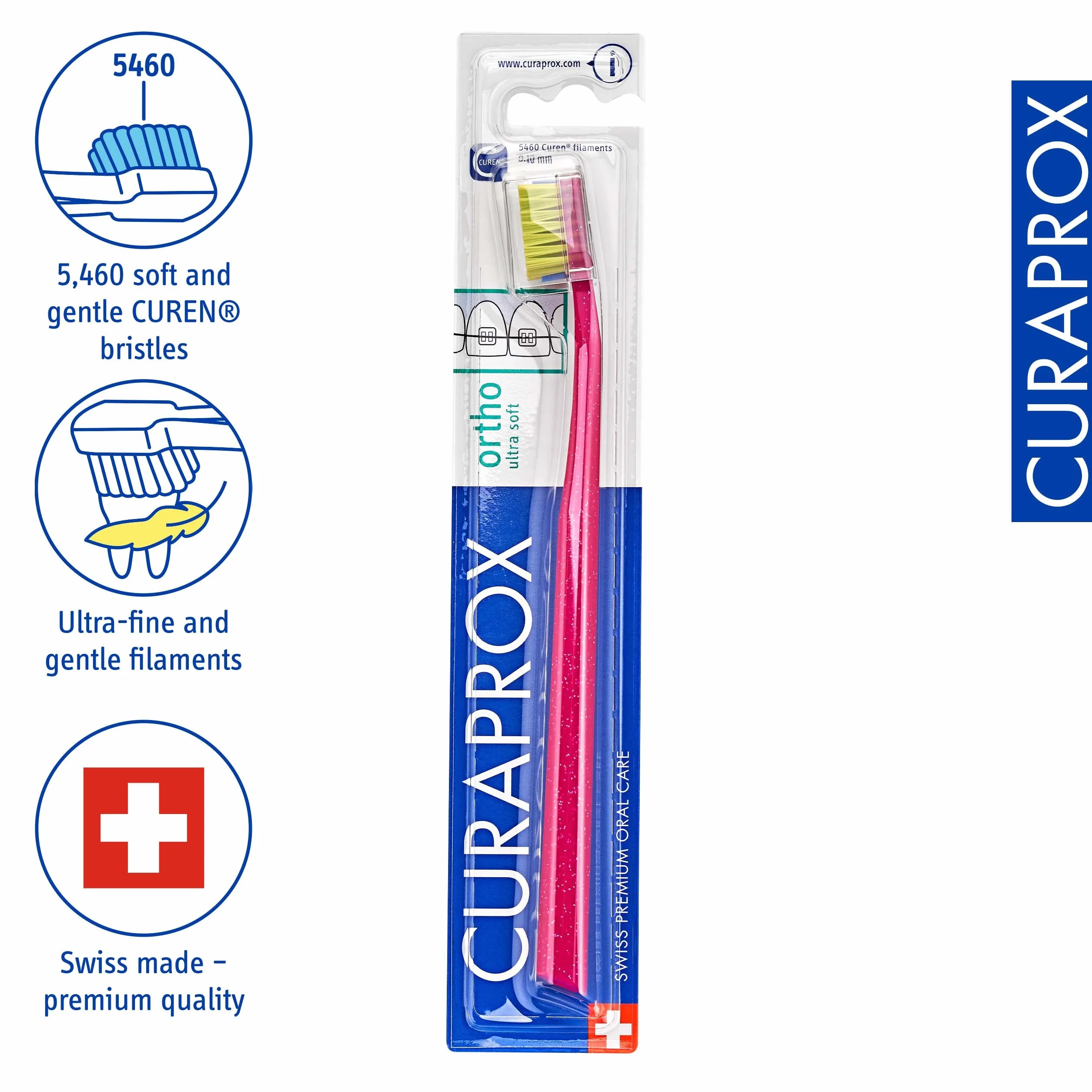 Curaprox CS 5460 Ortodontyczna Szczoteczka do zębów – Pielęgnacja aparatów ortodontycznych dla dorosłych/delikatne czyszczenie/Magenta-zielony/pojedyncze opakowanie/Made in Switzerland