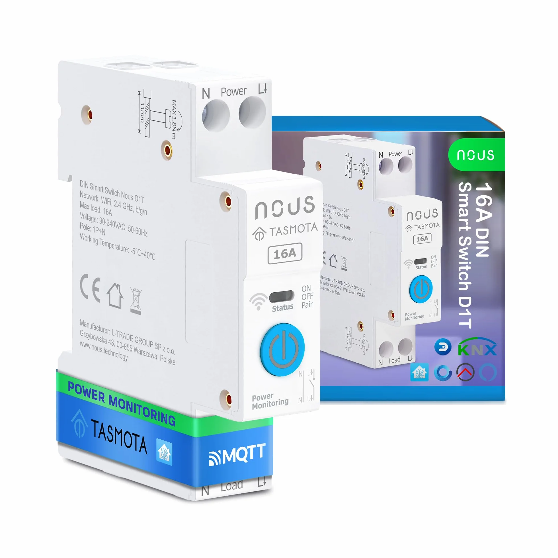 Nous Inteligentny przełącznik DIN 16 A z Tasmota (ESP32), monitorowanie energii, kompatybilny z MQTT, Home Assistant, Matter, sterowanie głosem za pomocą Alexa, Google Assistant