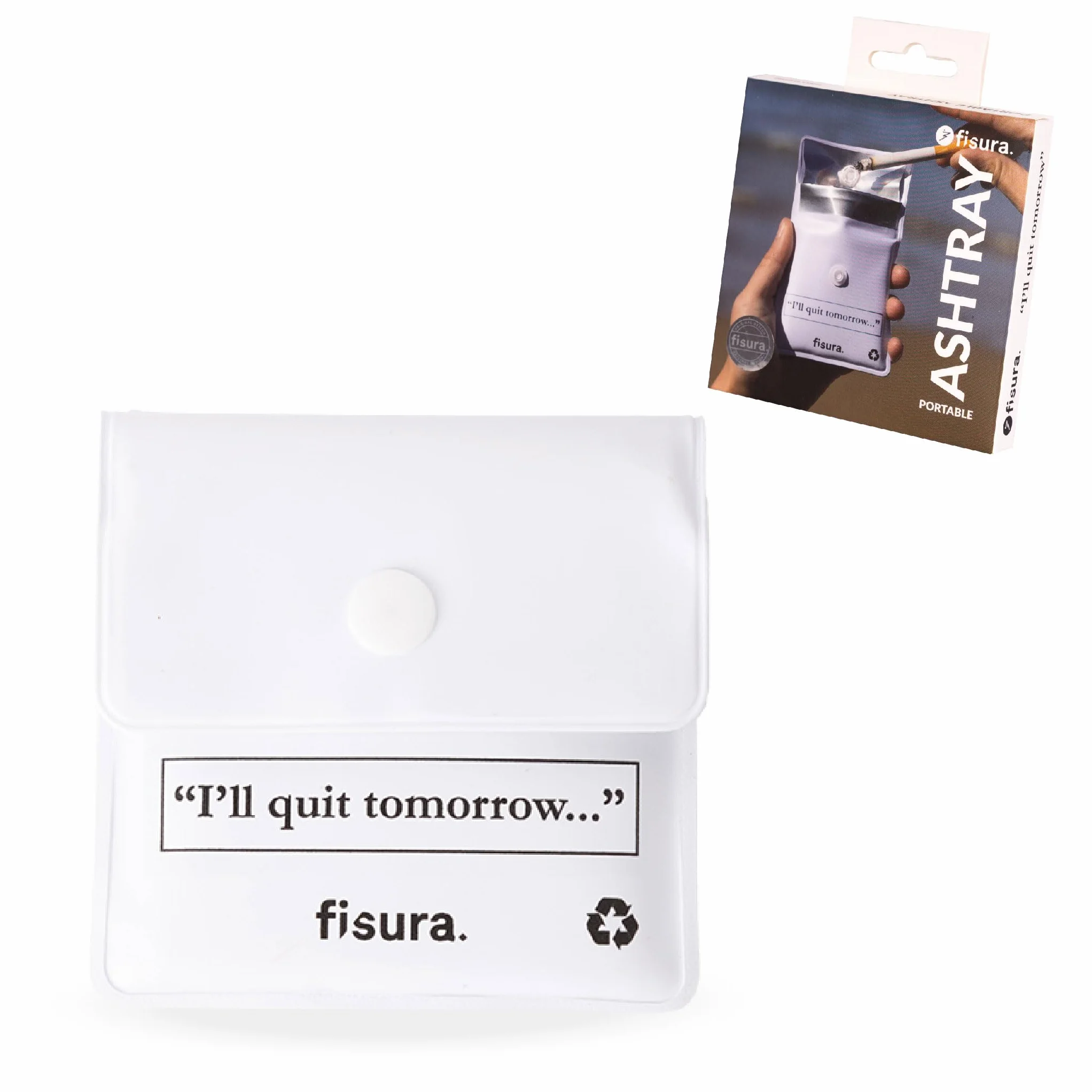 Fisura – Kieszonkowa popielniczka "i will quit”. Praktyczny przenośny pojemnik na popiół idealny do auta, pleneru i wyjazdów. Stylowy, wielokrotnego użytku. 8 x 8 cm.