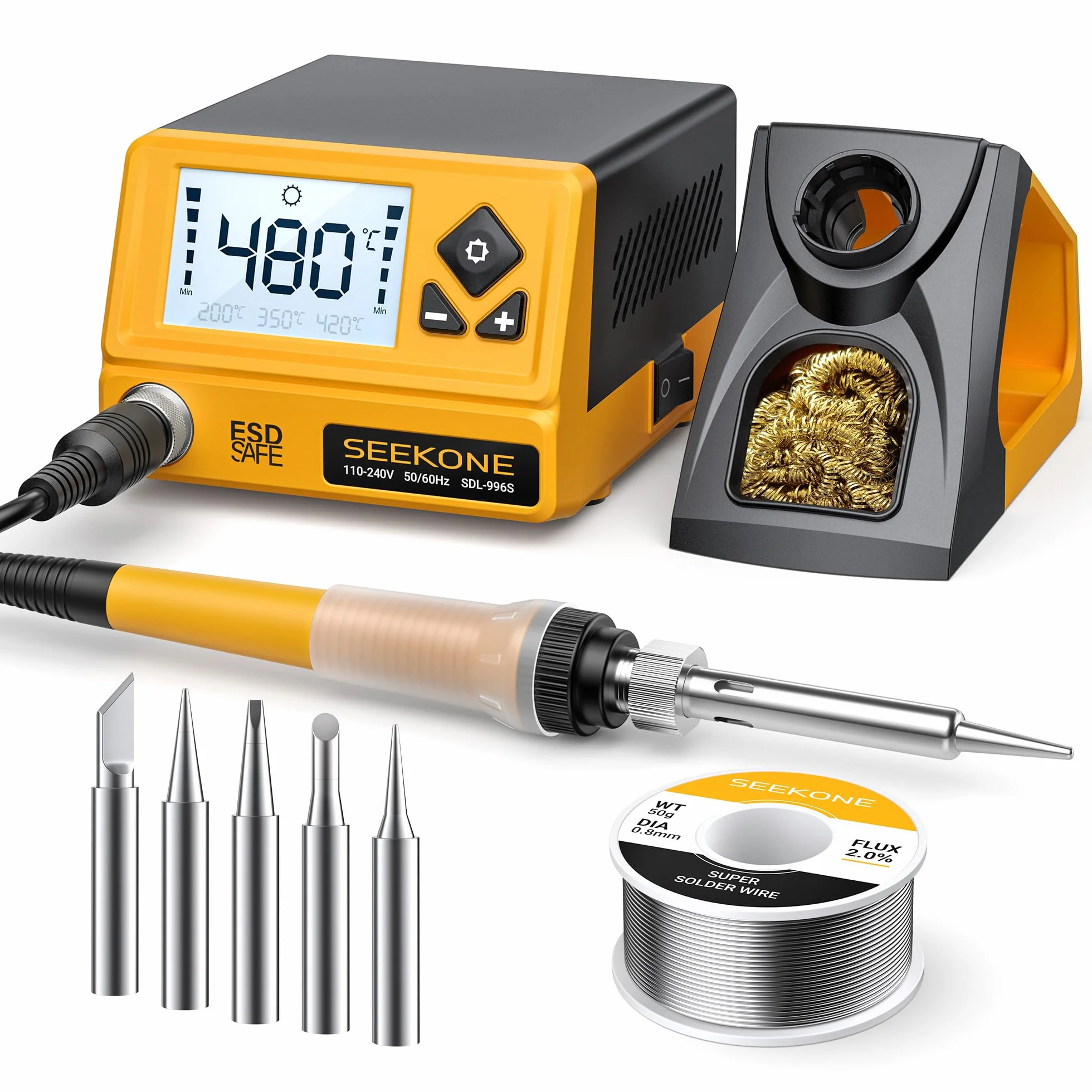 SEEKONE Stacja lutownicza 60 W, profesjonalna lutownica, regulowana temperatura 200℃-480℃ z wyświetlaczem LCD, cyfrowa stacja lutownicza z 5 grotami lutowniczymi, konwersja °C/°F, funkcja czuwania