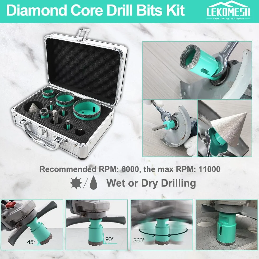 Diamentowa koronka wiertnicza zestaw – 10 sztuk (6/6/8/20/35/50/68 mm + 10 mm diamentowe frezy palcowe + 50 mm diamentowe frezy fazowe + adapter) diamentowe otwornice do porcelany, ceramiki,