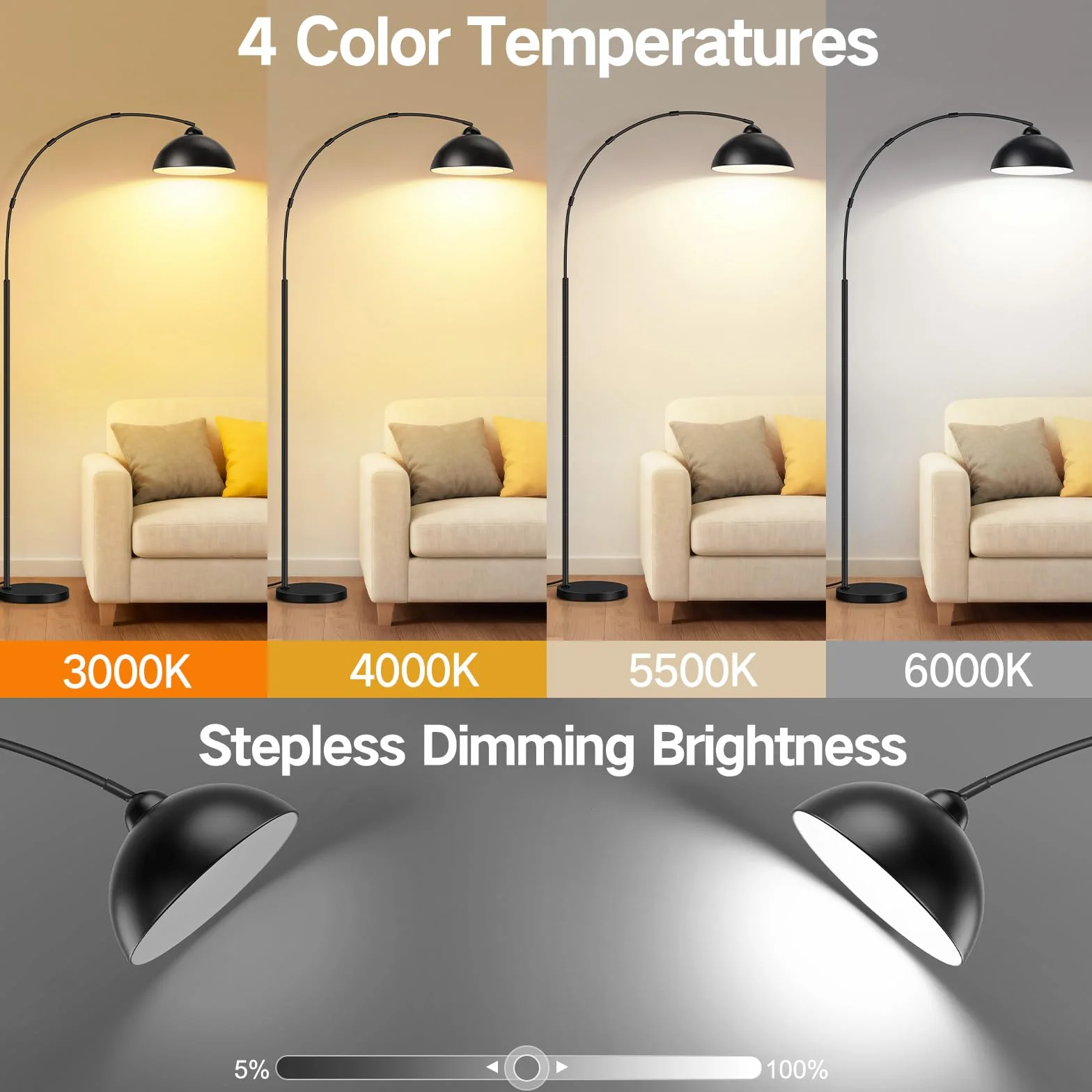 OUTON Lampa łukowa, lampa stojąca LED z funkcją ściemniania | 4 temperatury barwowe, czarna, lampa stojąca do salonu, sypialni, biura